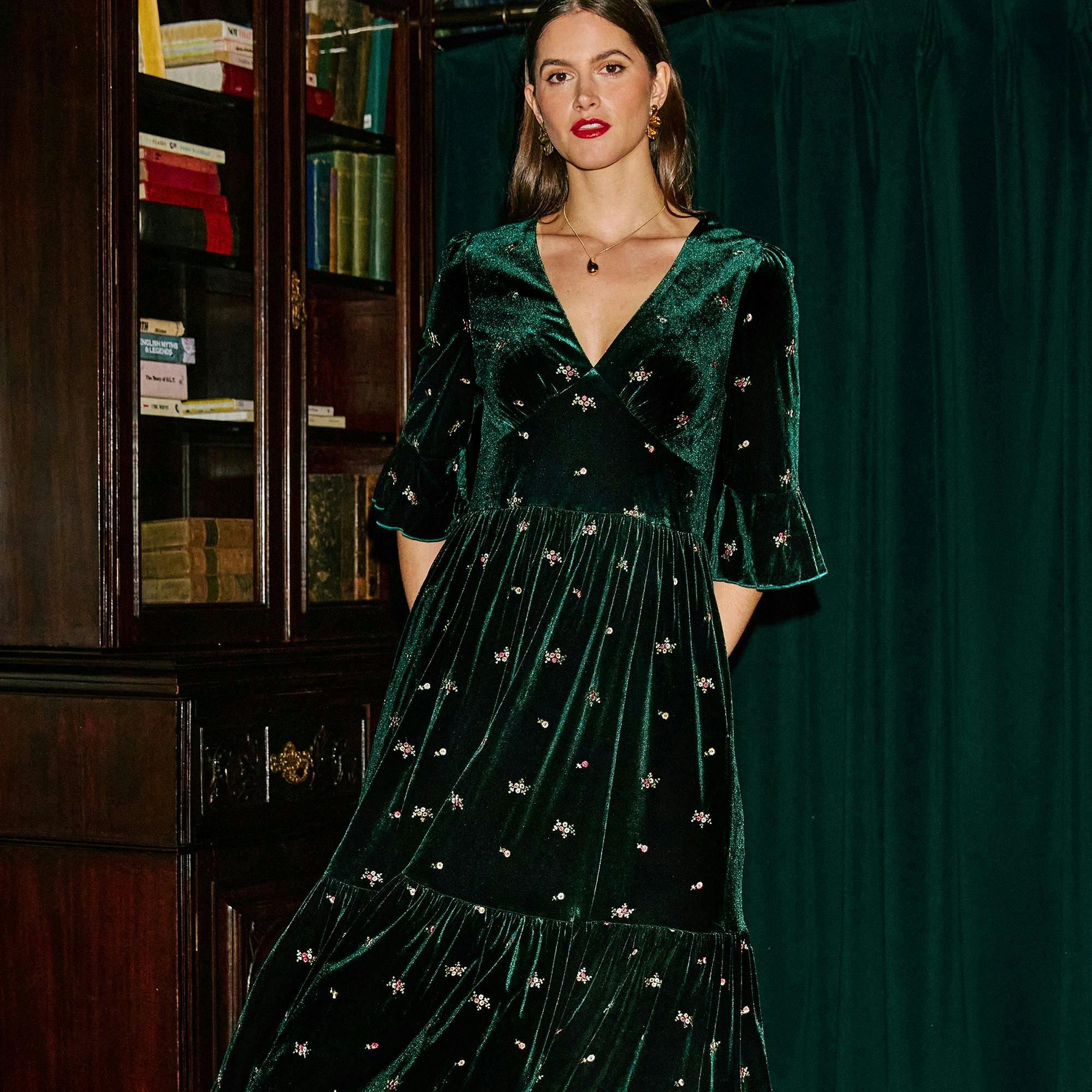 Yumi Green Velvet Embroidered Midi Dress , view 3 of 6