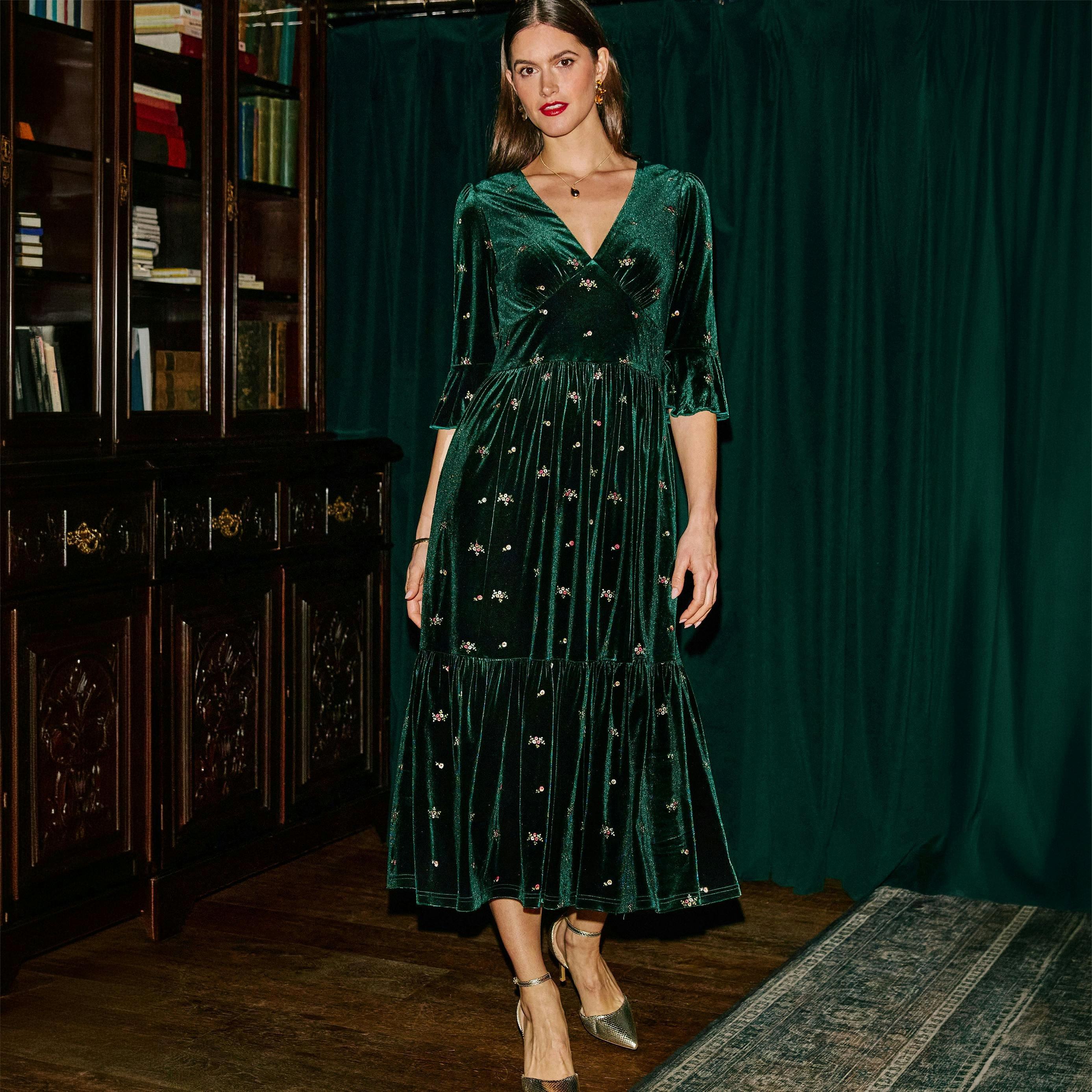 Yumi Green Velvet Embroidered Midi Dress , view 4 of 6