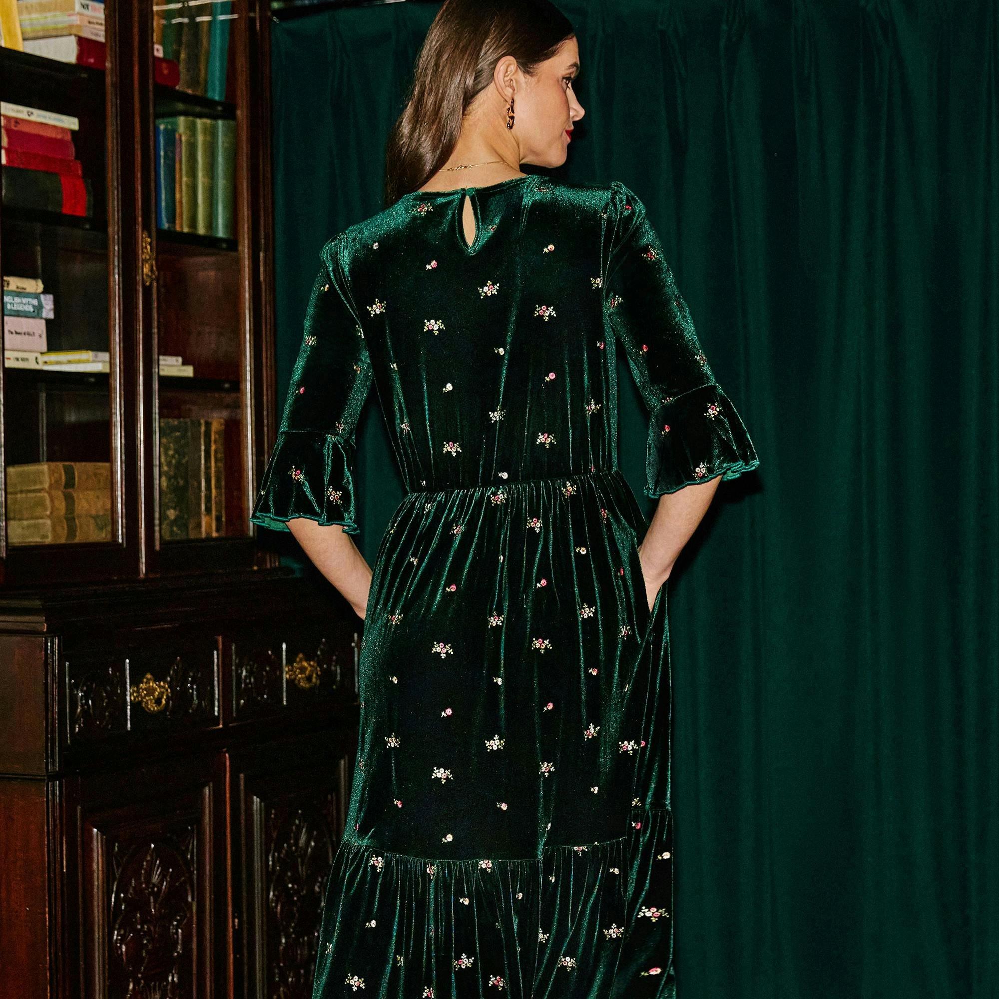 Yumi Green Velvet Embroidered Midi Dress , view 6 of 6