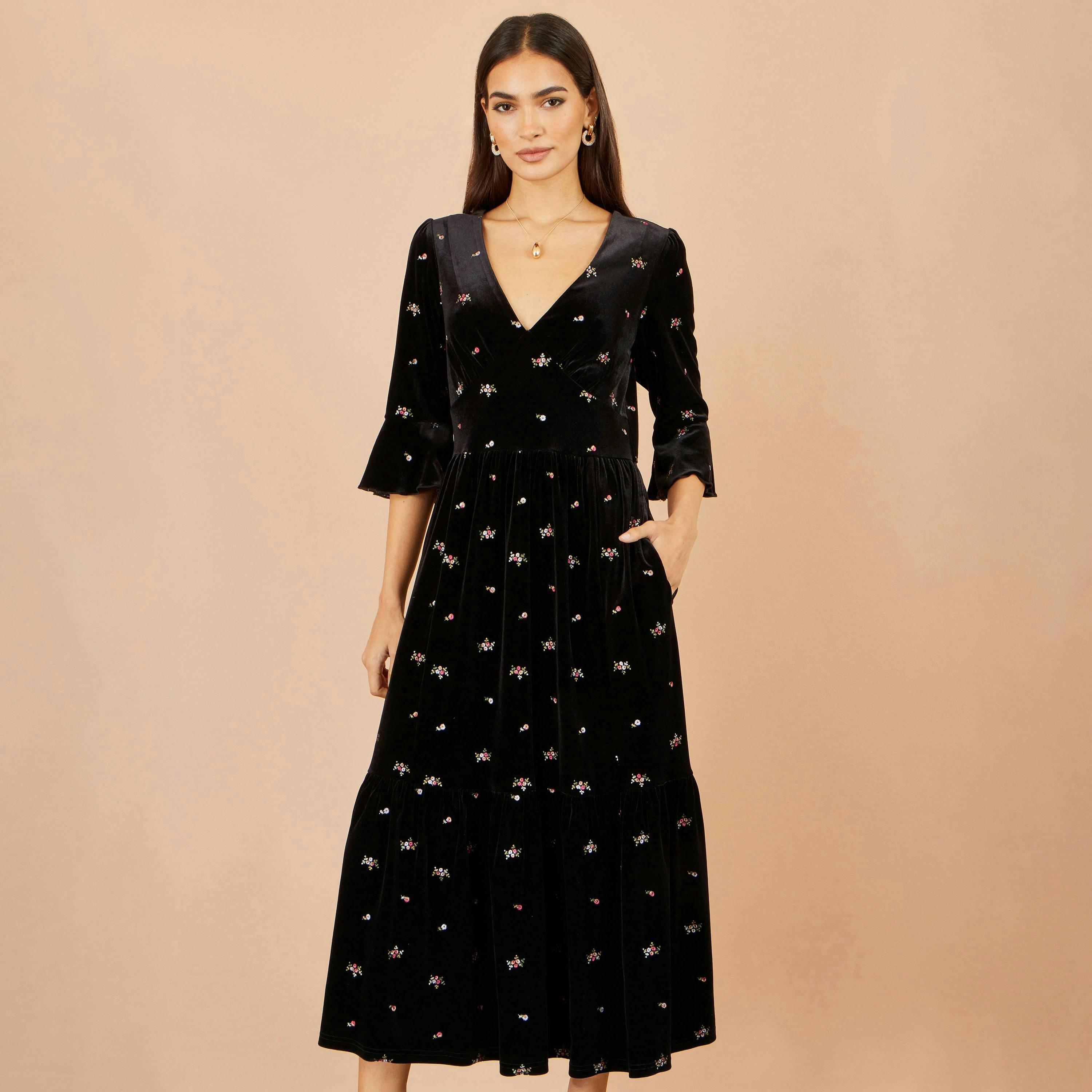 Yumi Black Velvet Embroidered Midi Dress , view 3 of 5