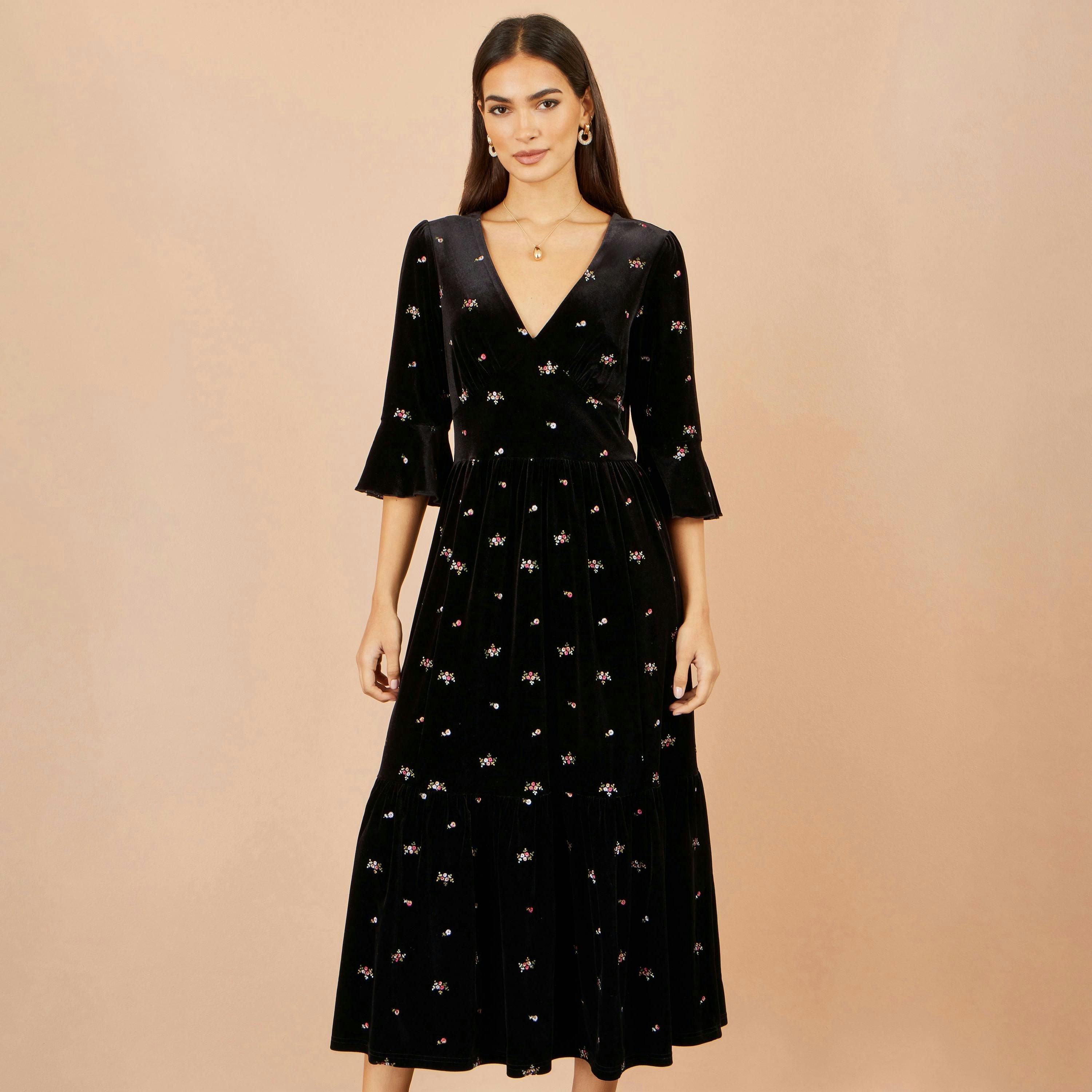 Yumi Black Velvet Embroidered Midi Dress , view 4 of 5