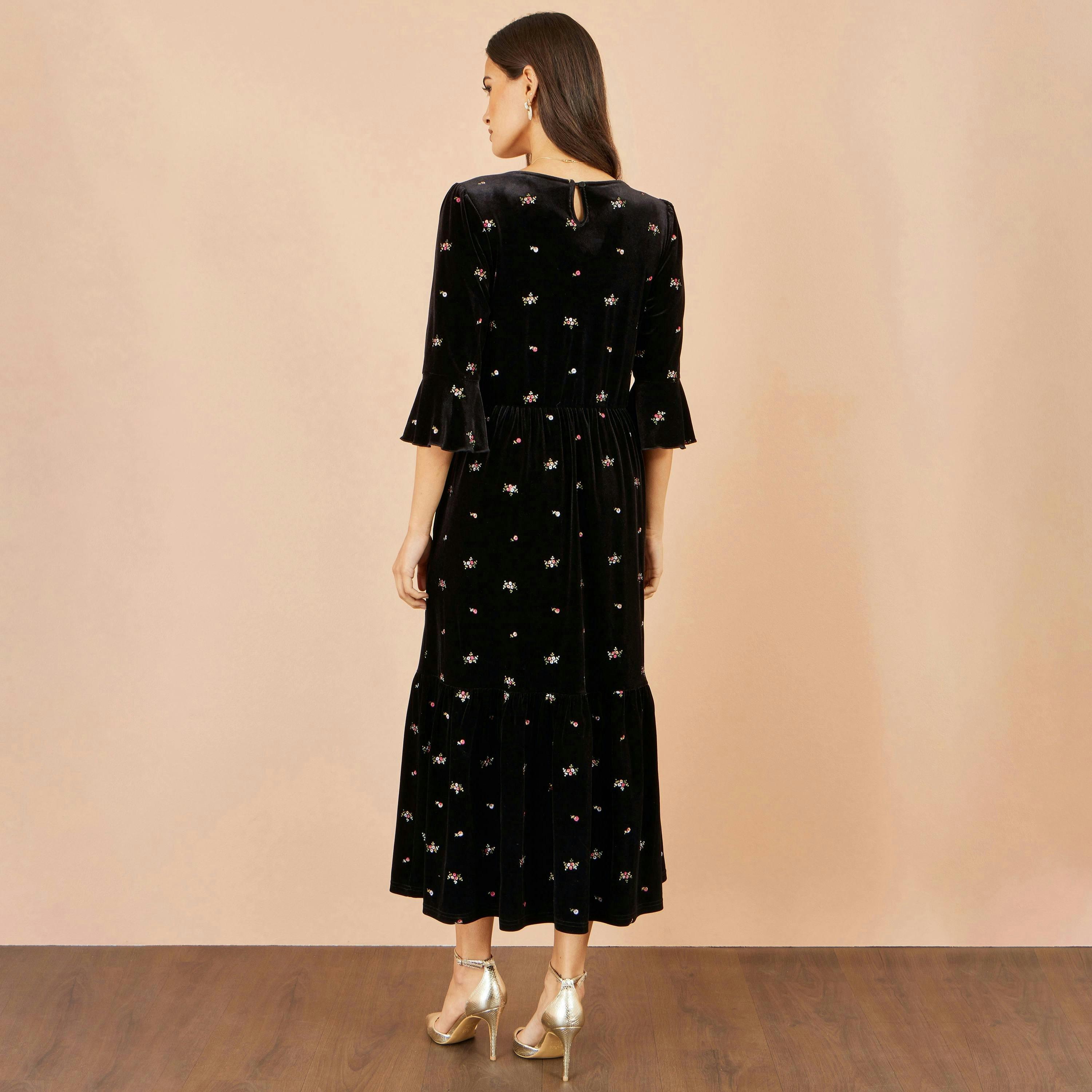 Yumi Black Velvet Embroidered Midi Dress , view 5 of 5