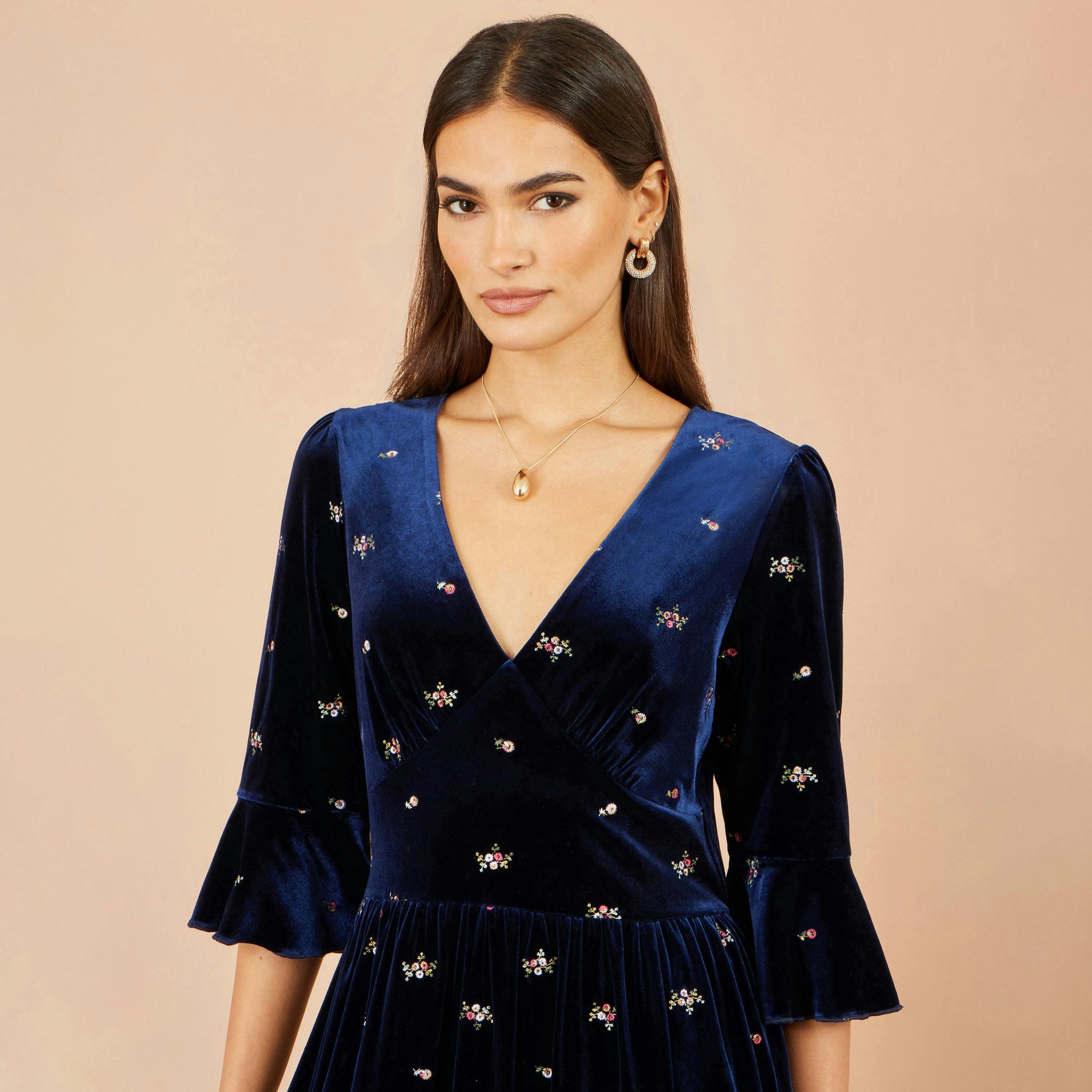 Yumi Navy Velvet Embroidered Midi Dress , view 2 of 5