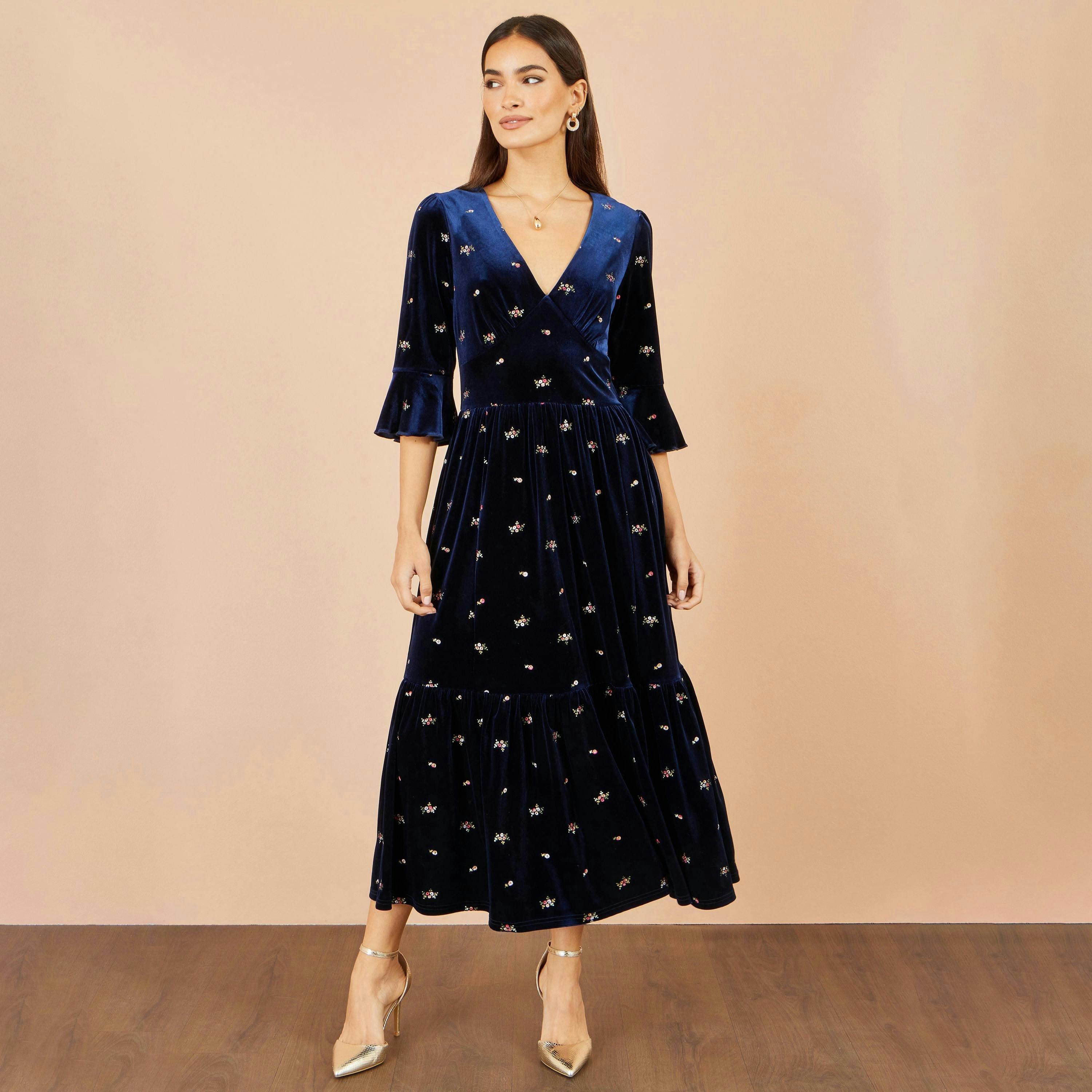 Yumi Navy Velvet Embroidered Midi Dress , view 3 of 5