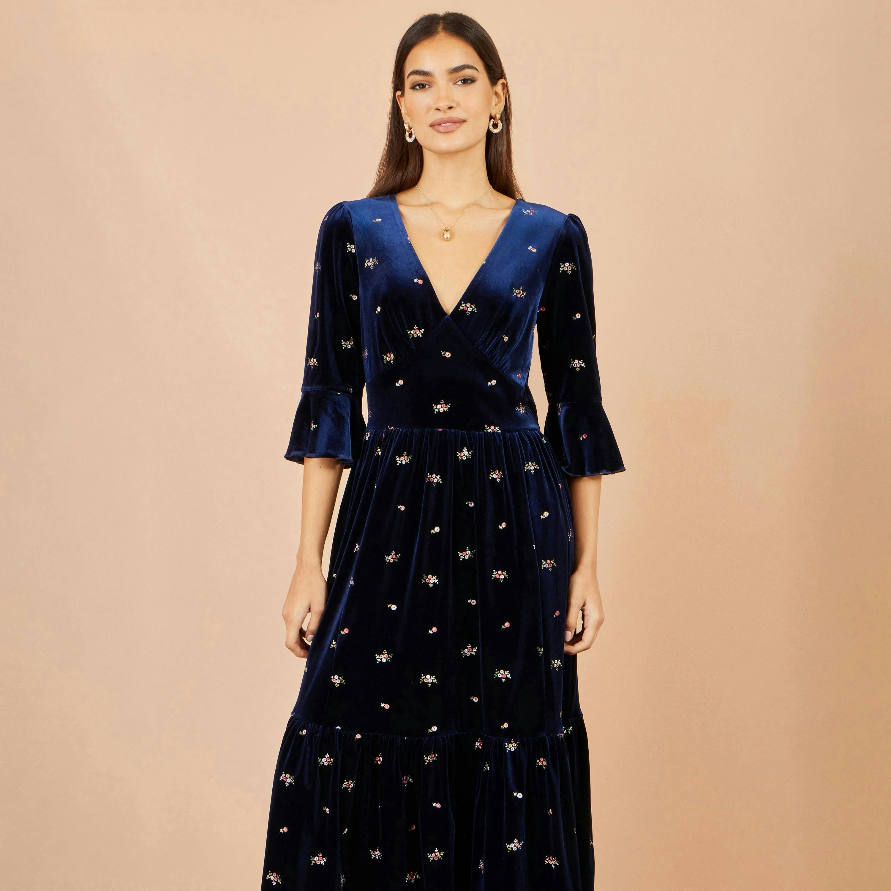 Yumi Navy Velvet Embroidered Midi Dress , view 4 of 5