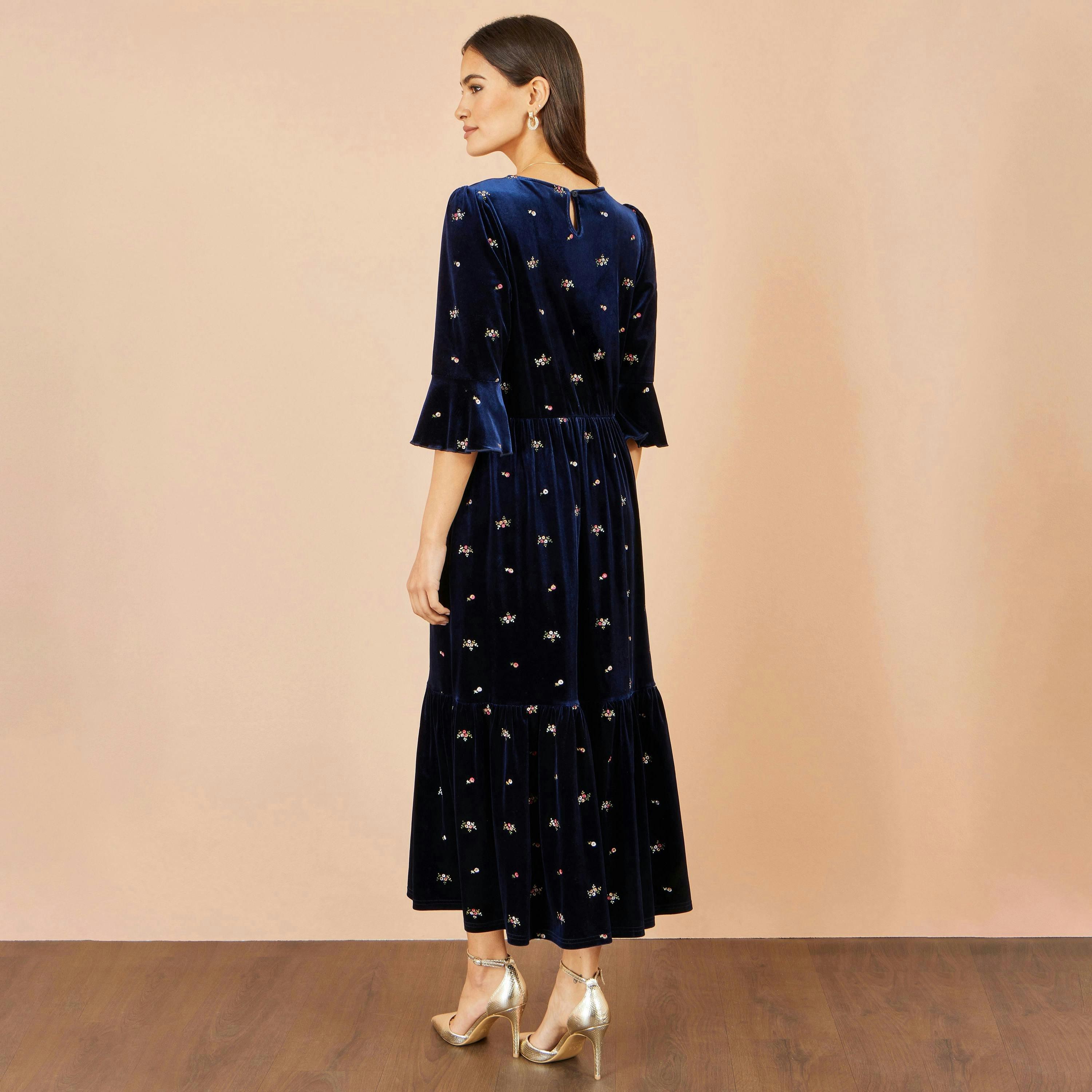Yumi Navy Velvet Embroidered Midi Dress , view 5 of 5