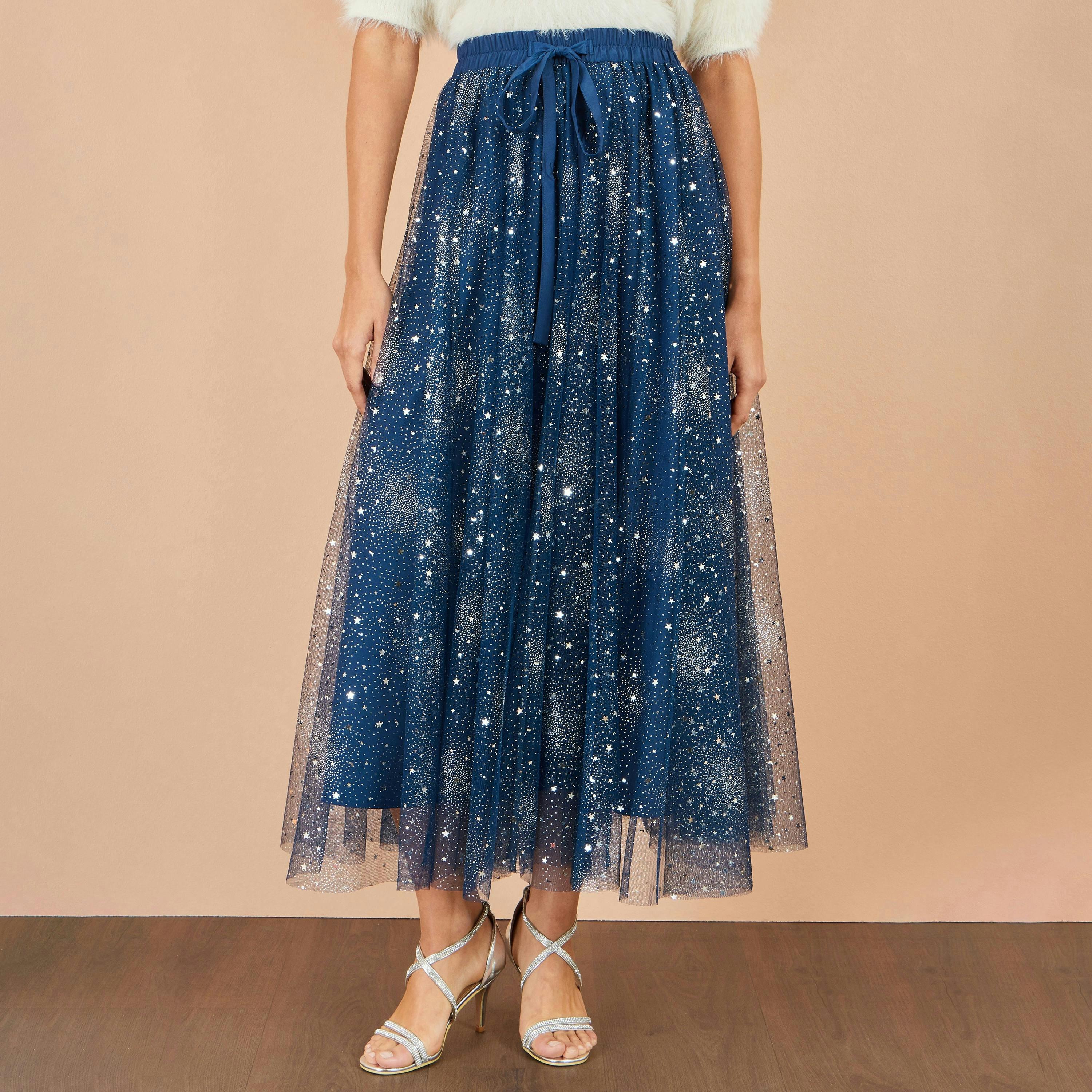 Yumi Navy Star Sparkle Tulle Skirt , view 3 of 5