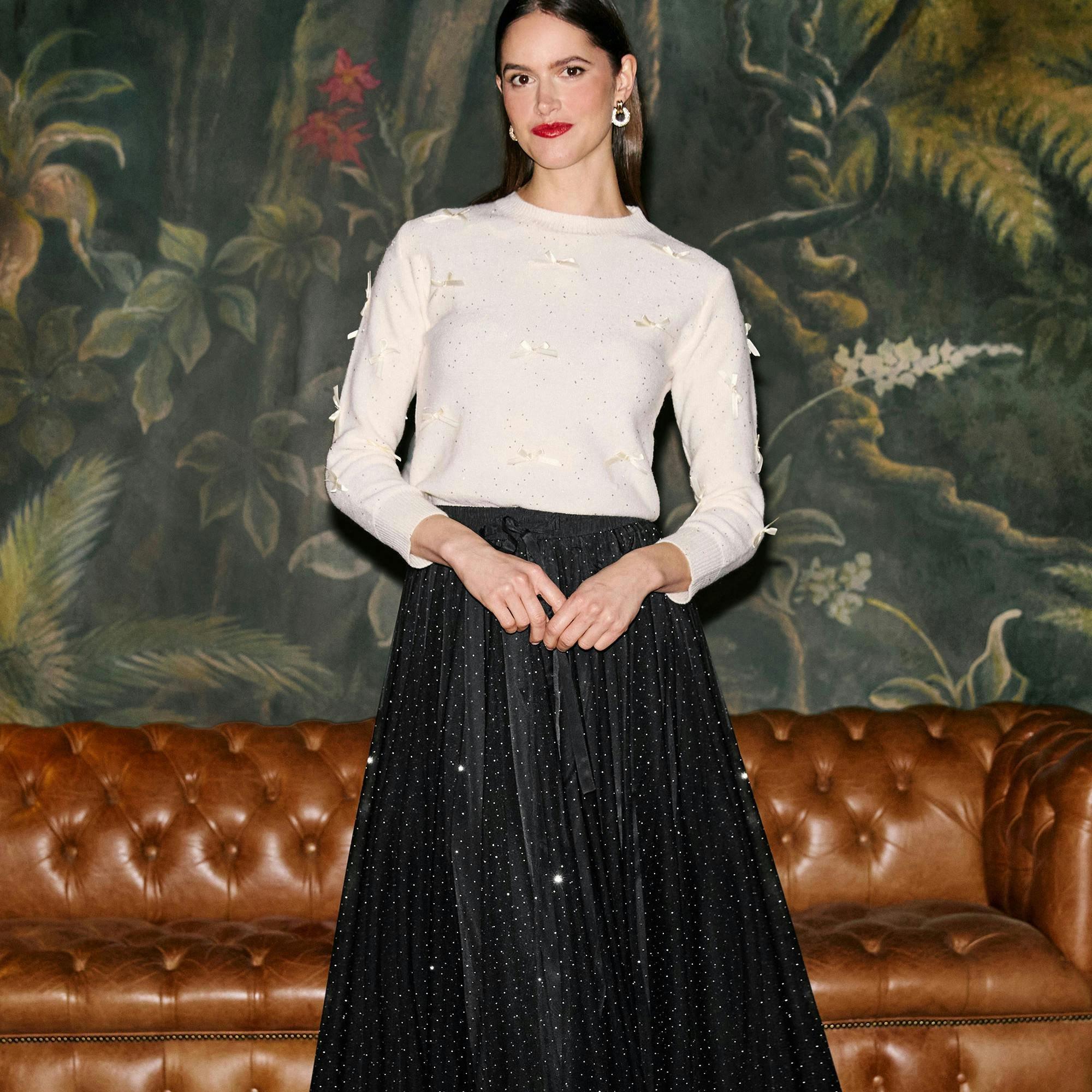 Yumi Black Diamonte Tulle Midi Skirt , view 3 of 6