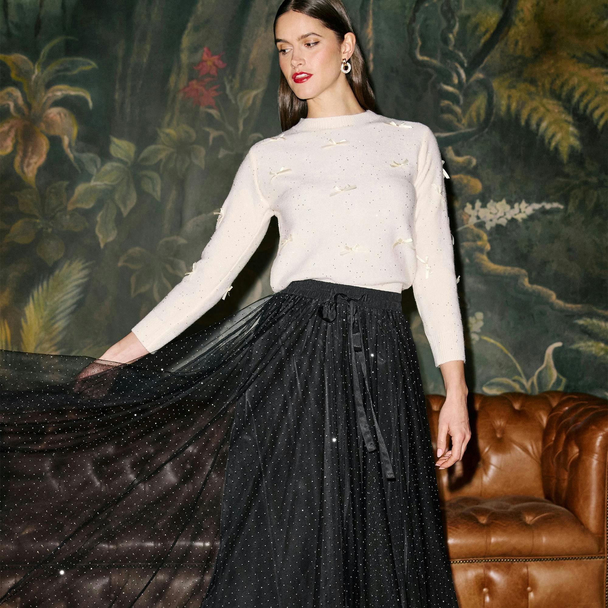 Yumi Black Diamonte Tulle Midi Skirt , view 4 of 6