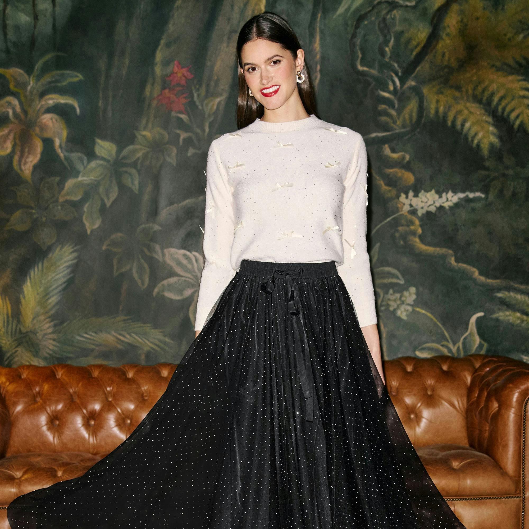 Yumi Black Diamonte Tulle Midi Skirt , view 5 of 6