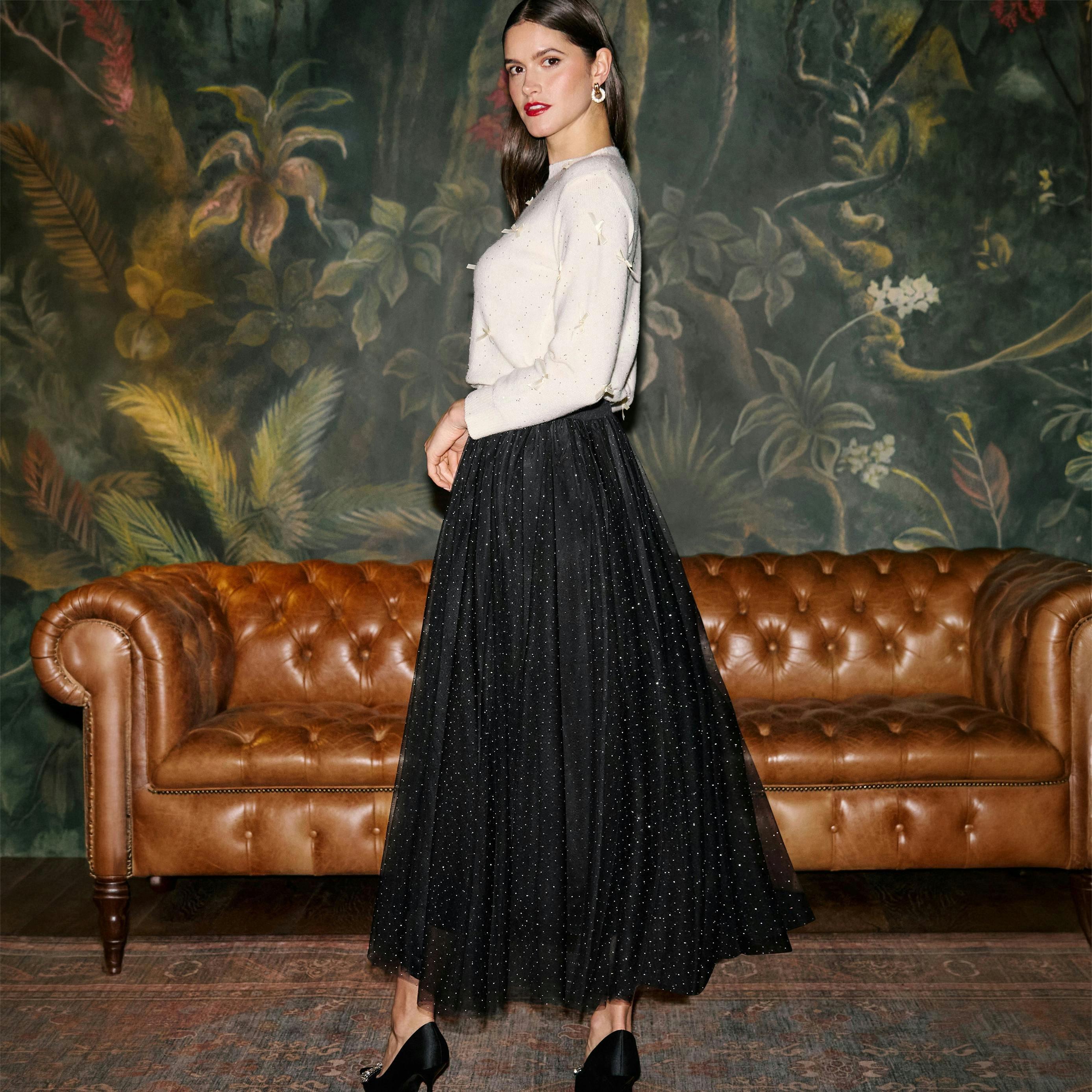Yumi Black Diamonte Tulle Midi Skirt , view 6 of 6