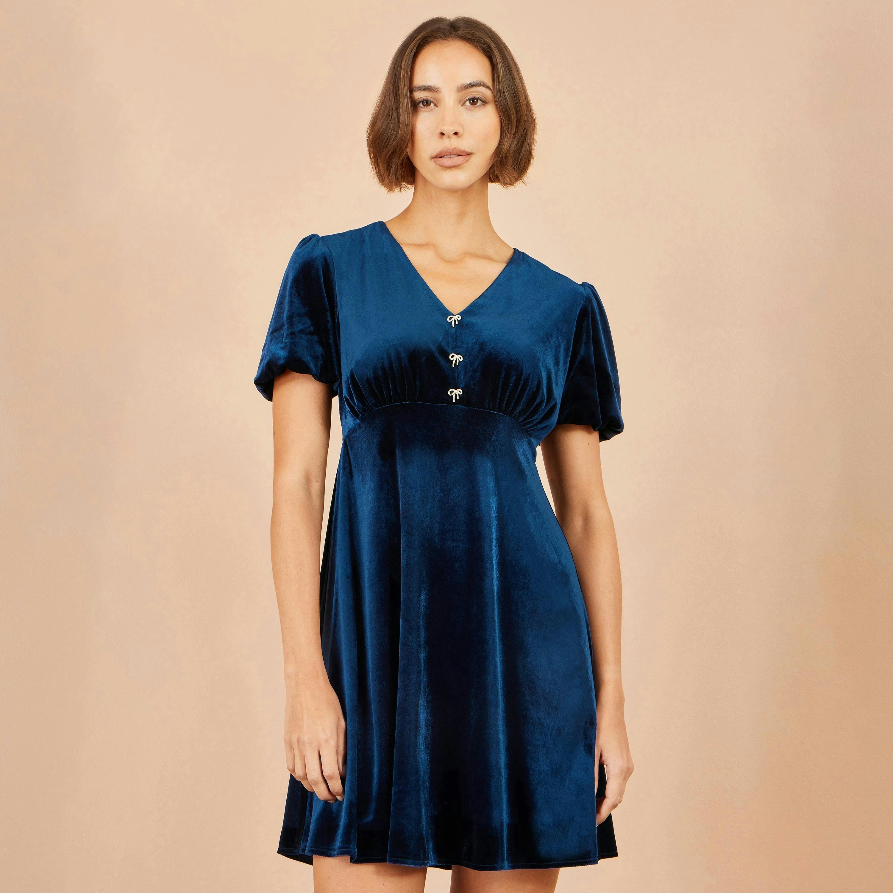 Yumi Navy Velvet Skater Dress With Dimante Bow Detail , view 2 of 5