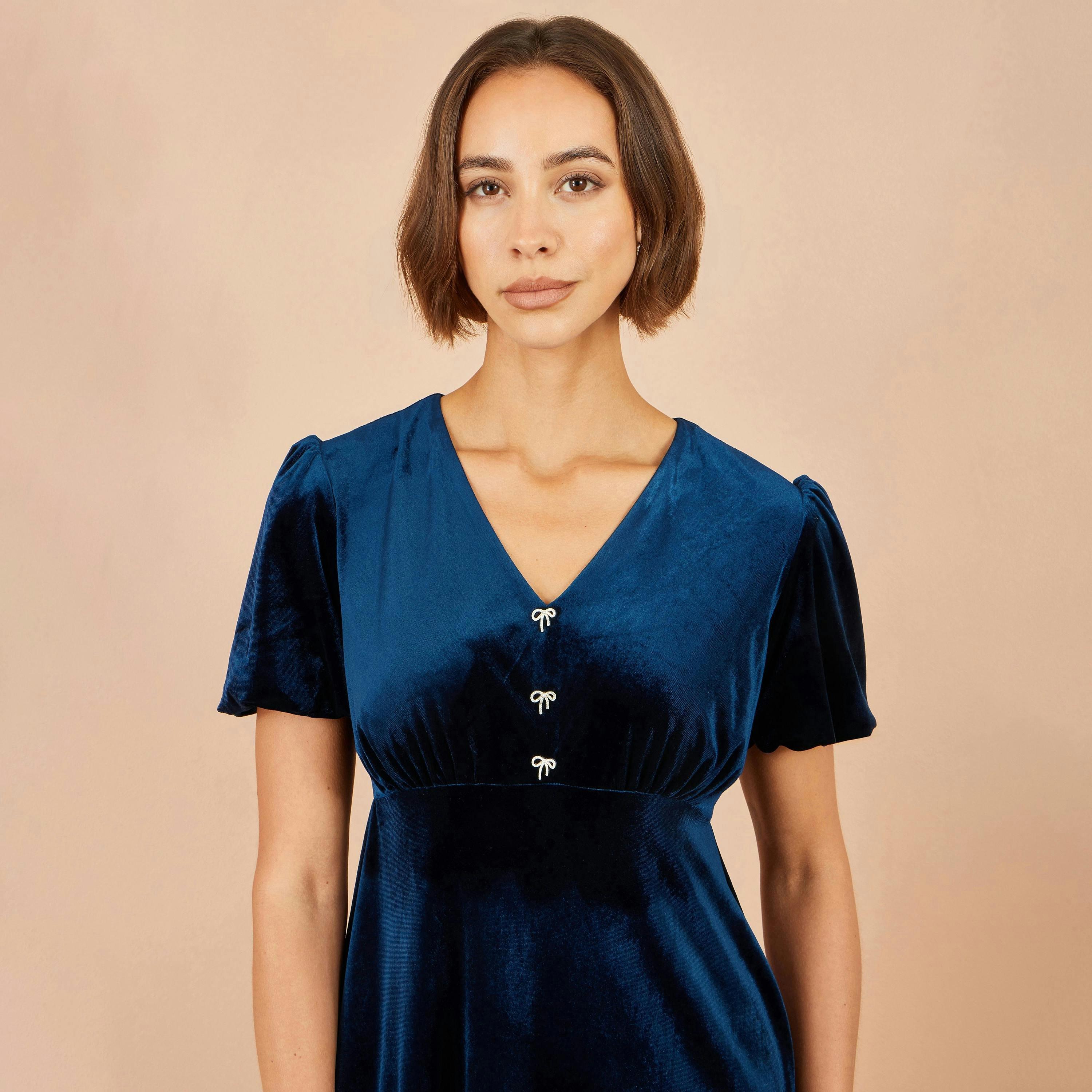 Yumi Navy Velvet Skater Dress With Dimante Bow Detail , view 3 of 5