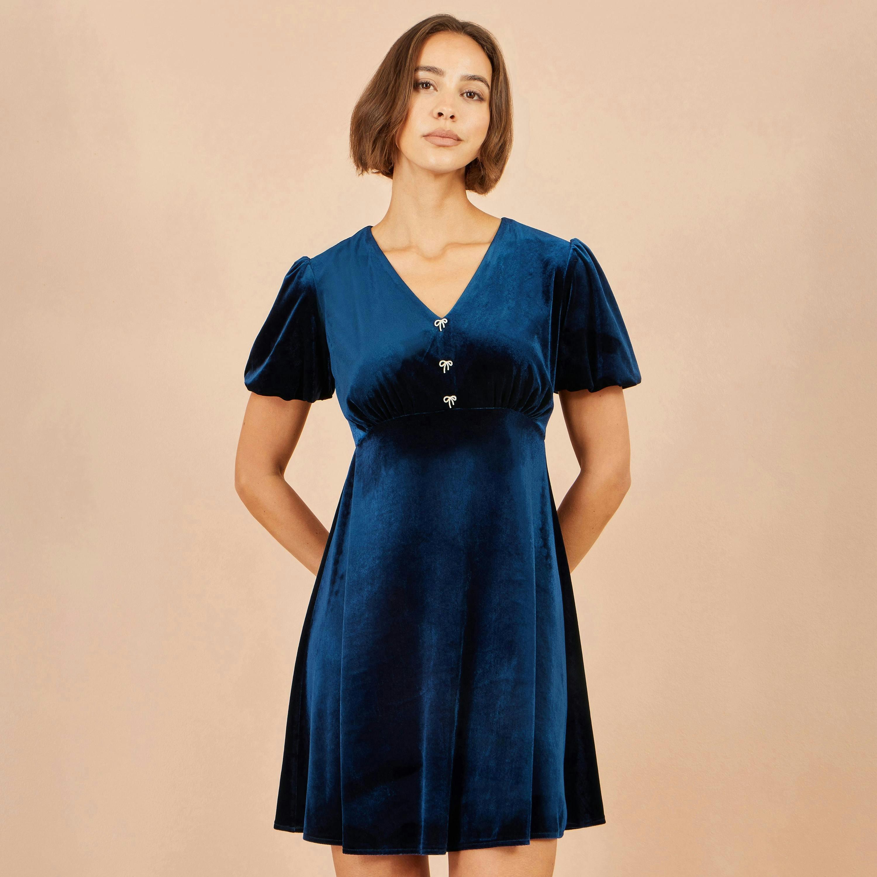 Yumi Navy Velvet Skater Dress With Dimante Bow Detail , view 4 of 5