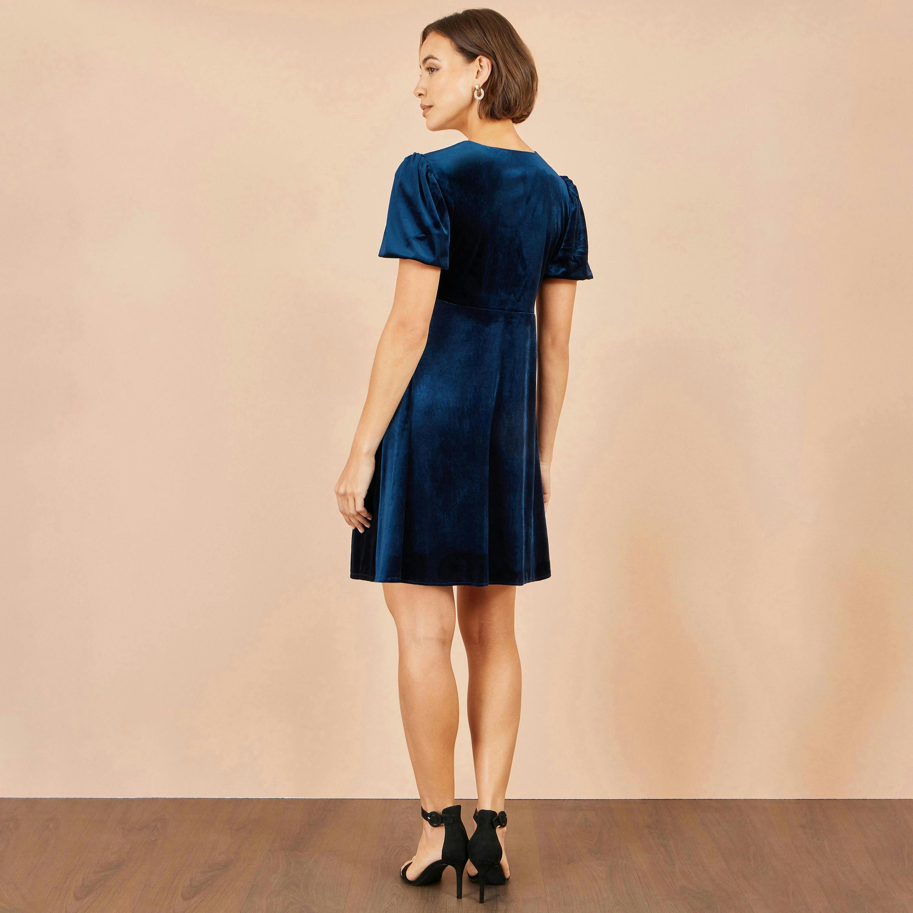 Yumi Navy Velvet Skater Dress With Dimante Bow Detail , view 5 of 5