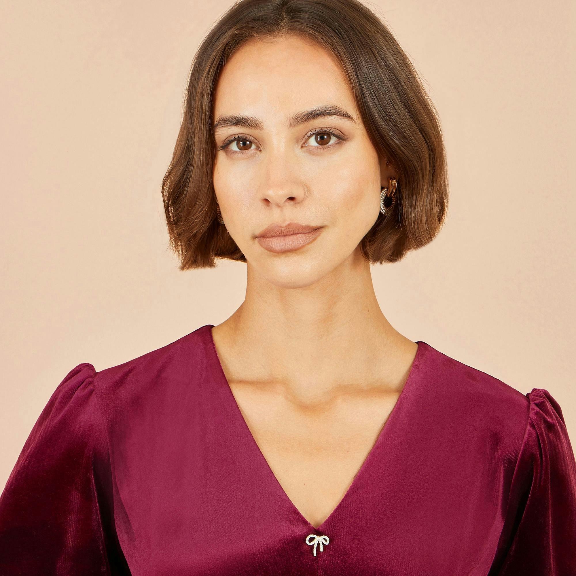 Yumi Burgundy Velvet Skater Dress With Dimante Bow Detail , view 2 of 4