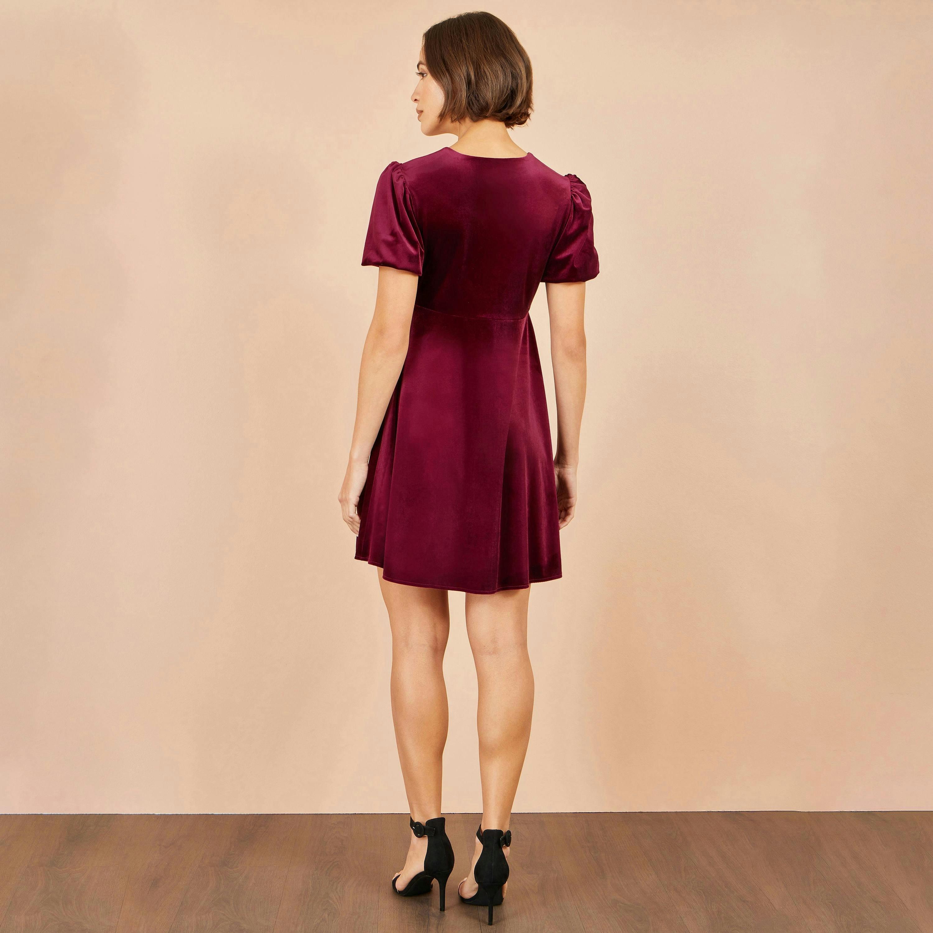 Yumi Burgundy Velvet Skater Dress With Dimante Bow Detail , view 4 of 4