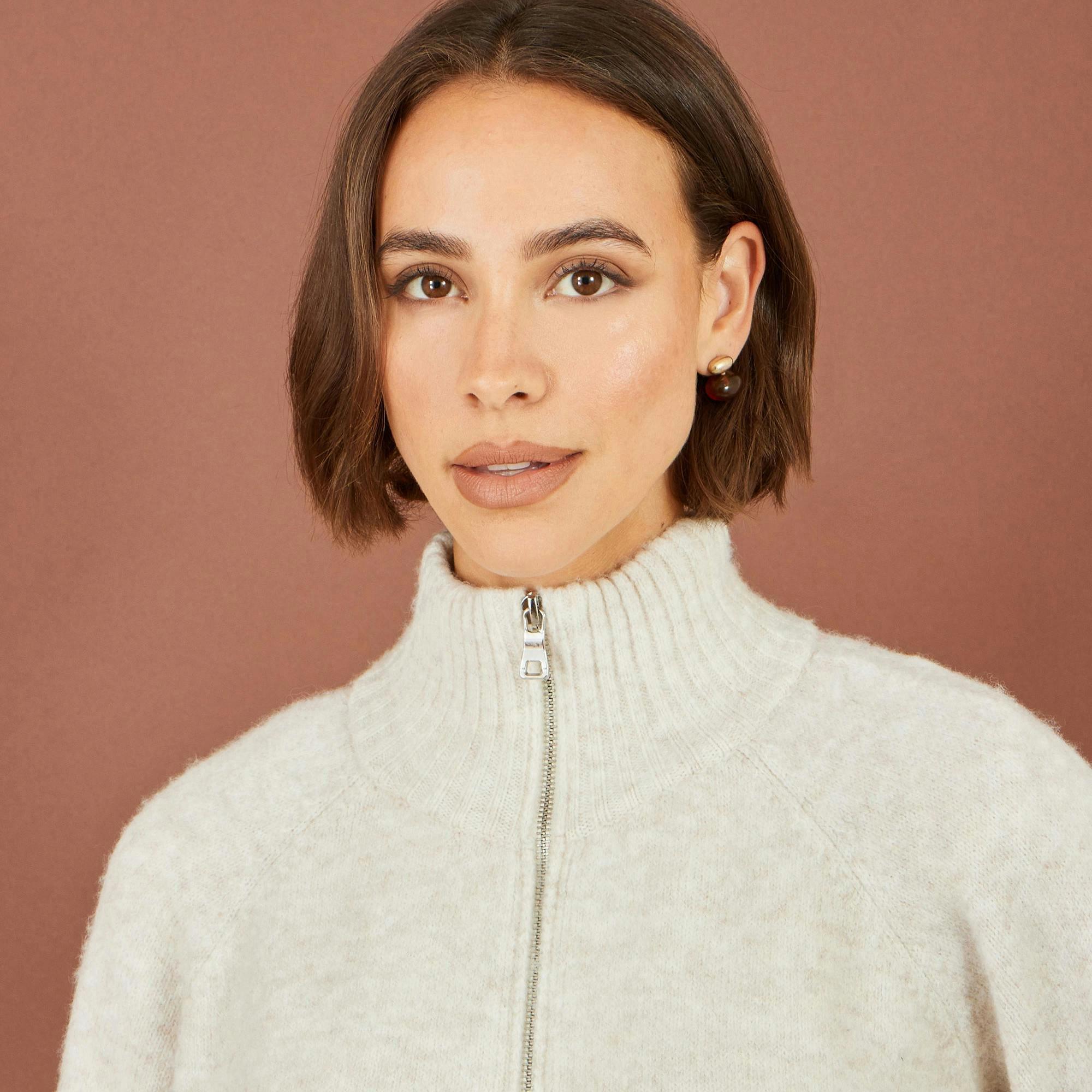 Yumi Oatmeal Zip Up Cardigan , view 2 of 4