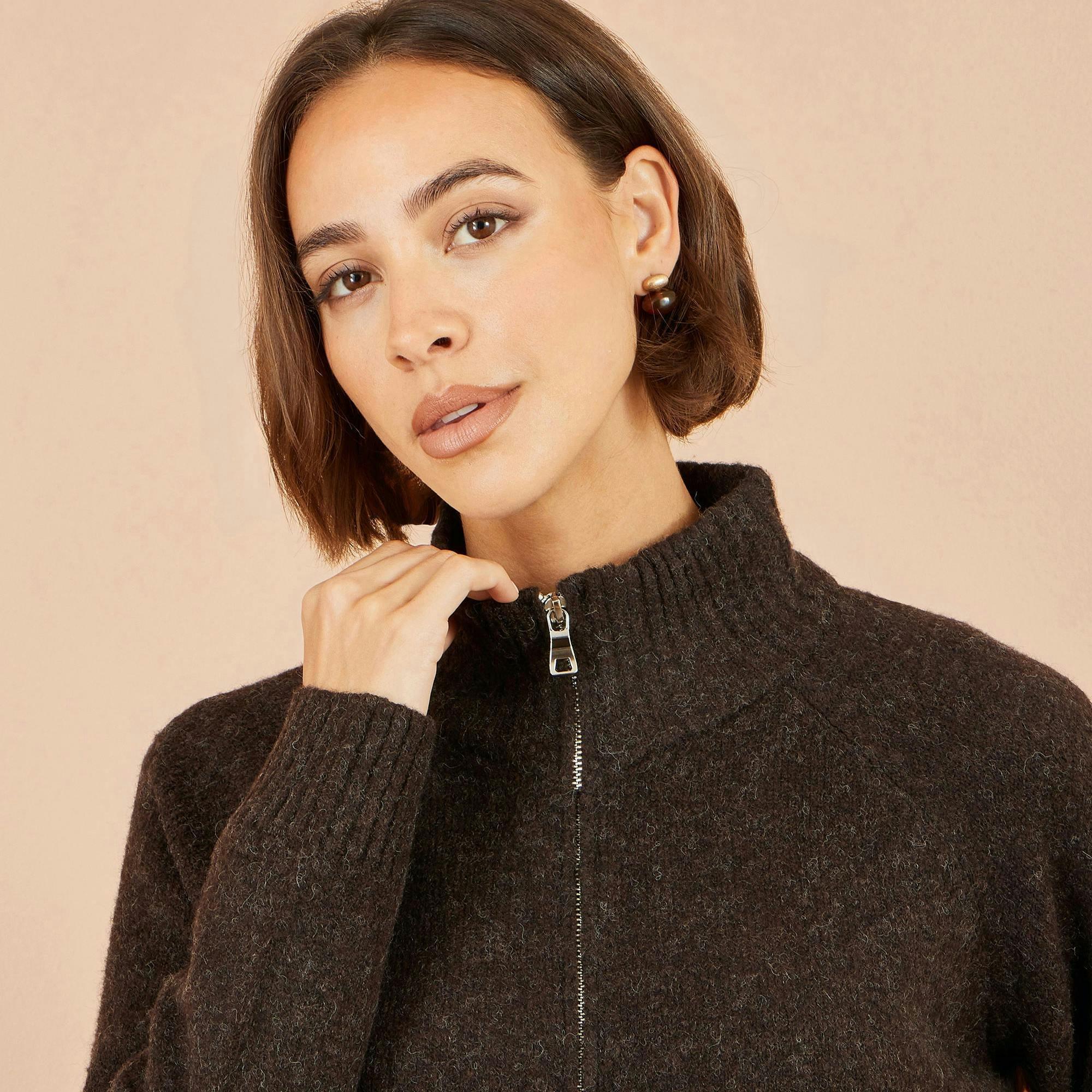 Yumi Brown Zip Up Cardigan , view 2 of 5