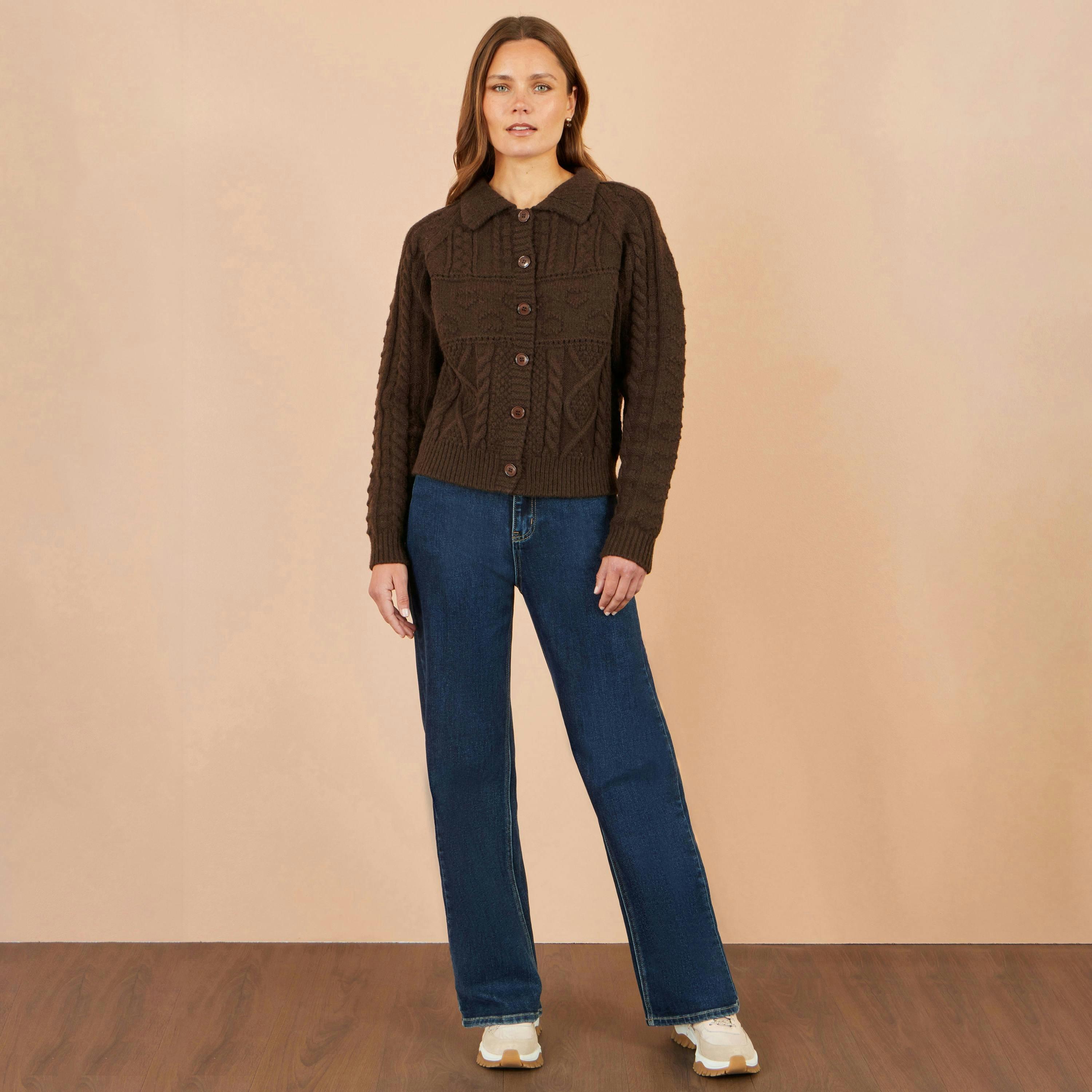 Yumi Brown Cable Knit Boxy Jacket , view 2 of 5