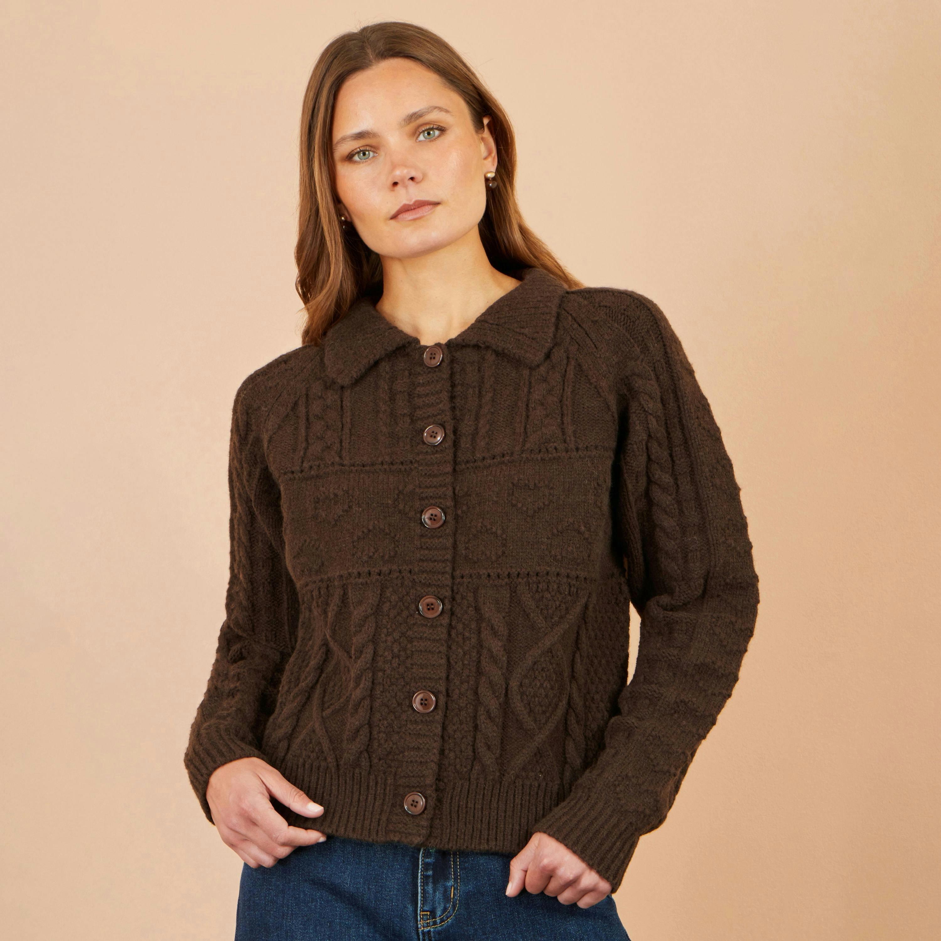 Yumi Brown Cable Knit Boxy Jacket , view 3 of 5