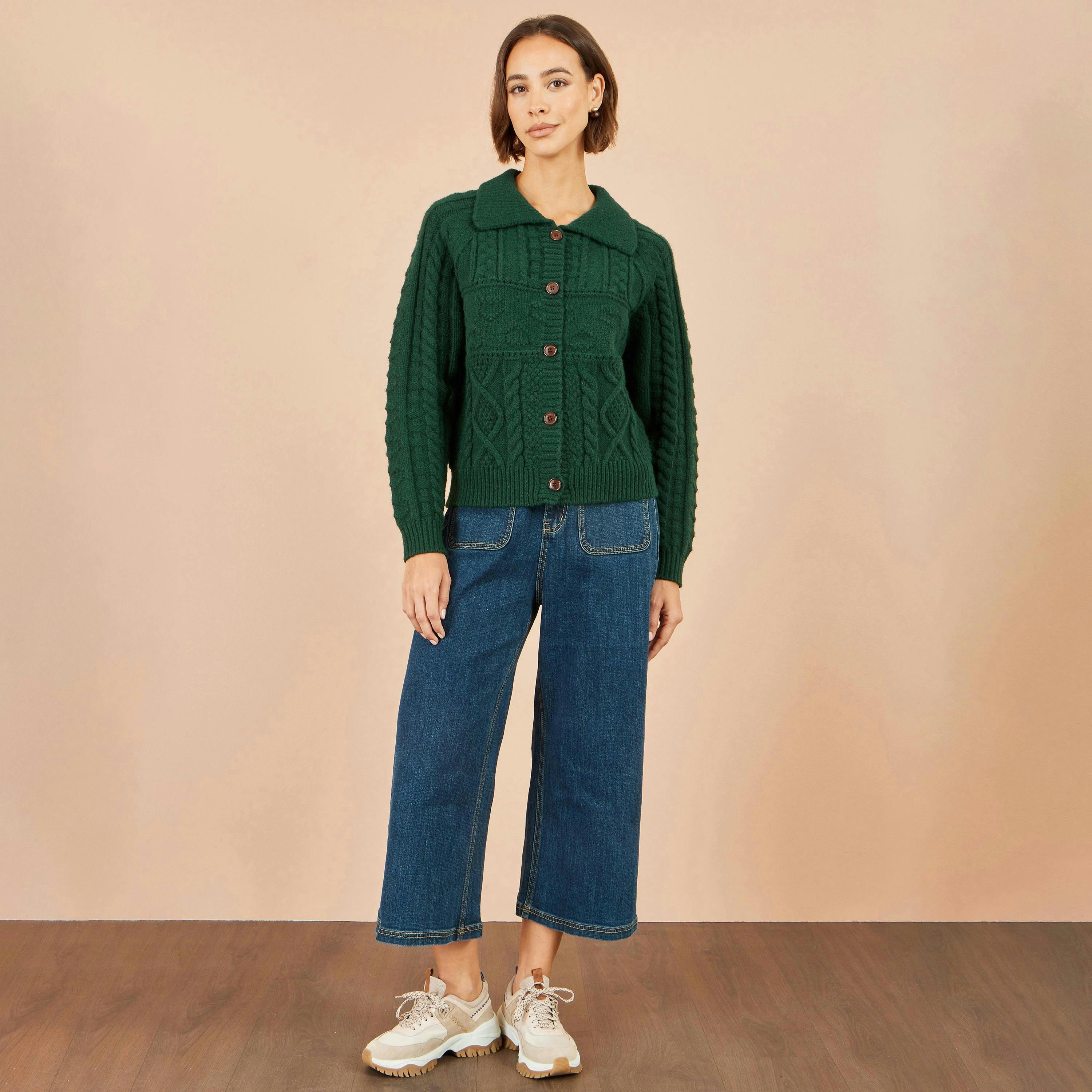 Yumi Green Cable Knit Boxy Jacket , view 3 of 5