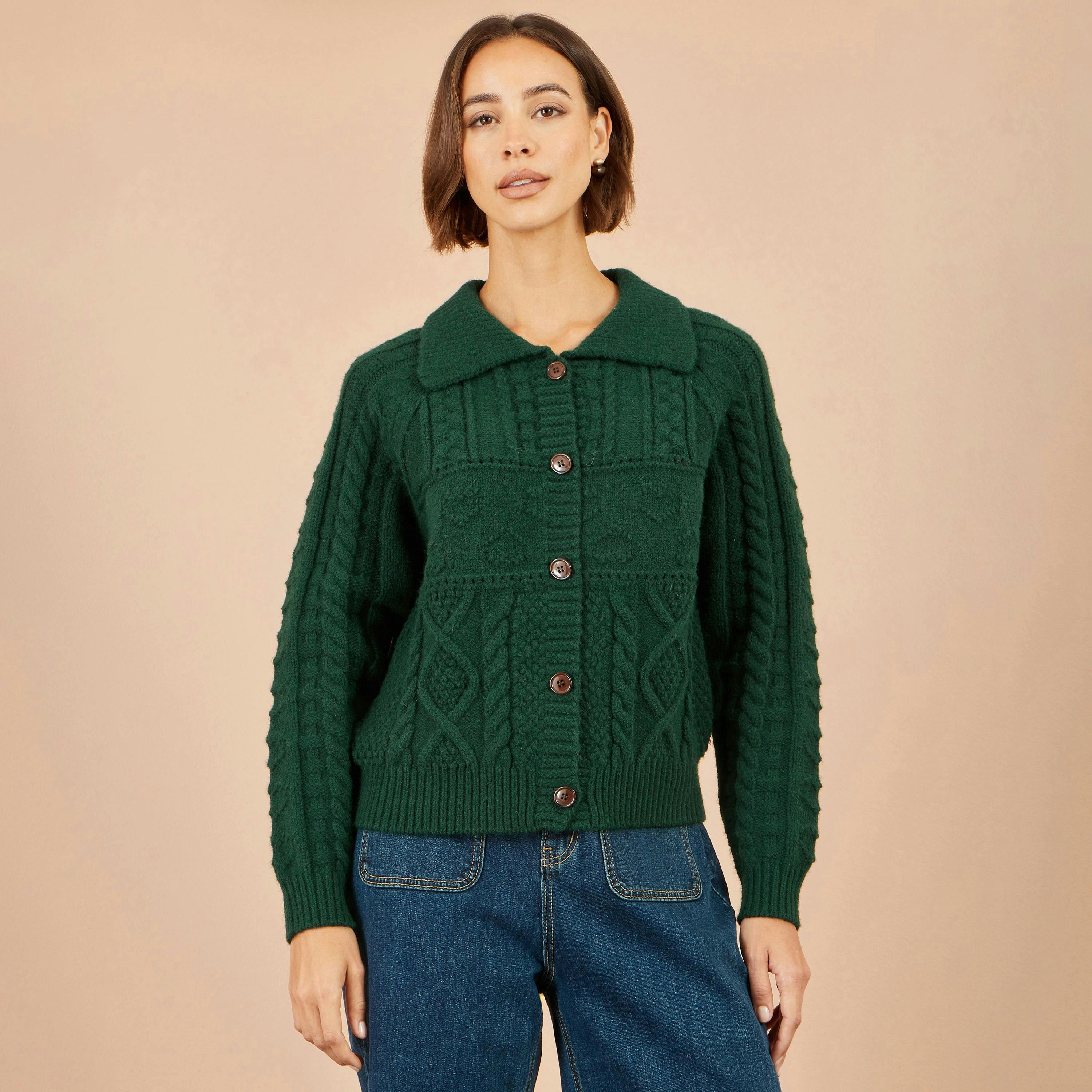 Yumi Green Cable Knit Boxy Jacket , view 4 of 5