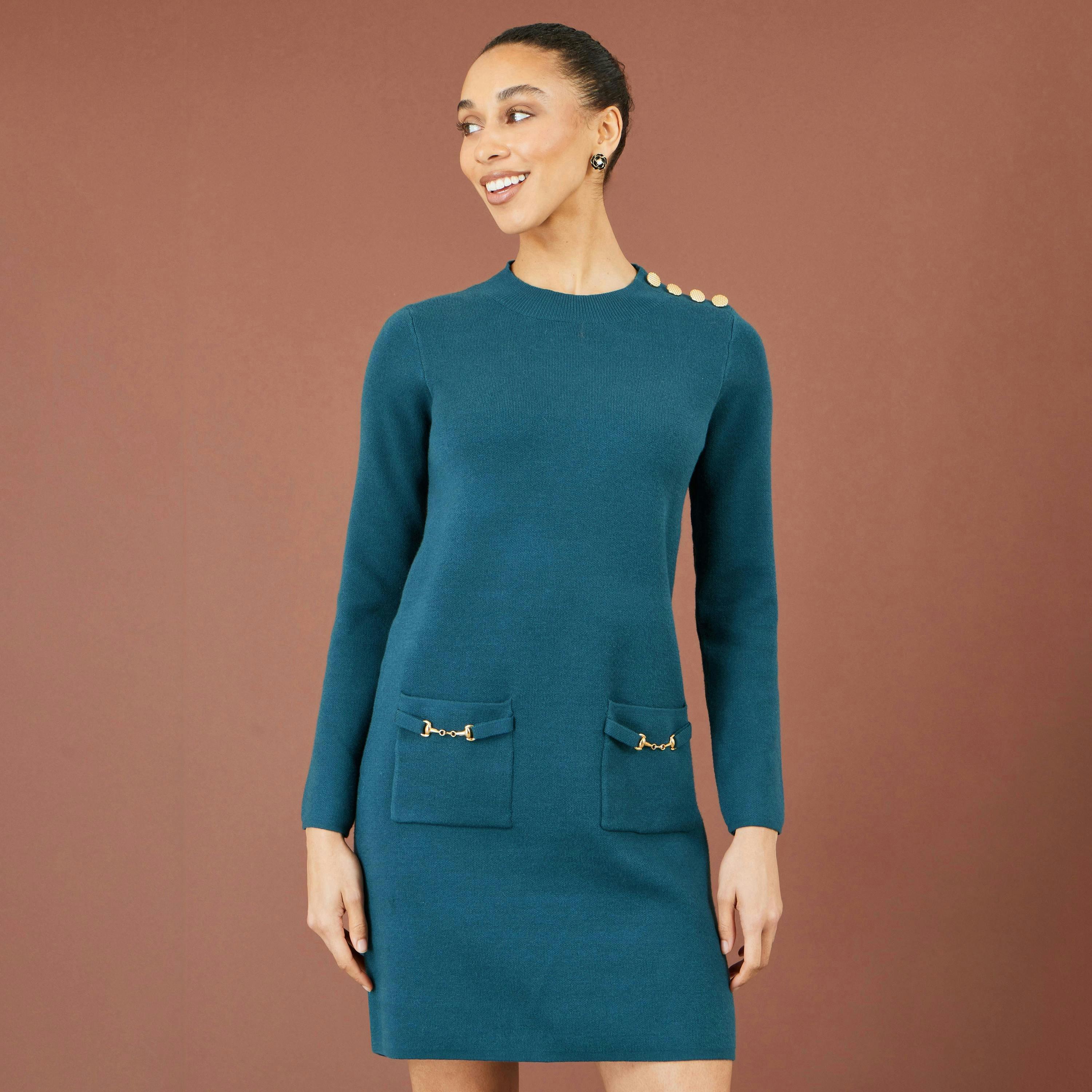 Yumi Teal Knitted Tunic Dress With Gold Hardware Details , view 2 of 5