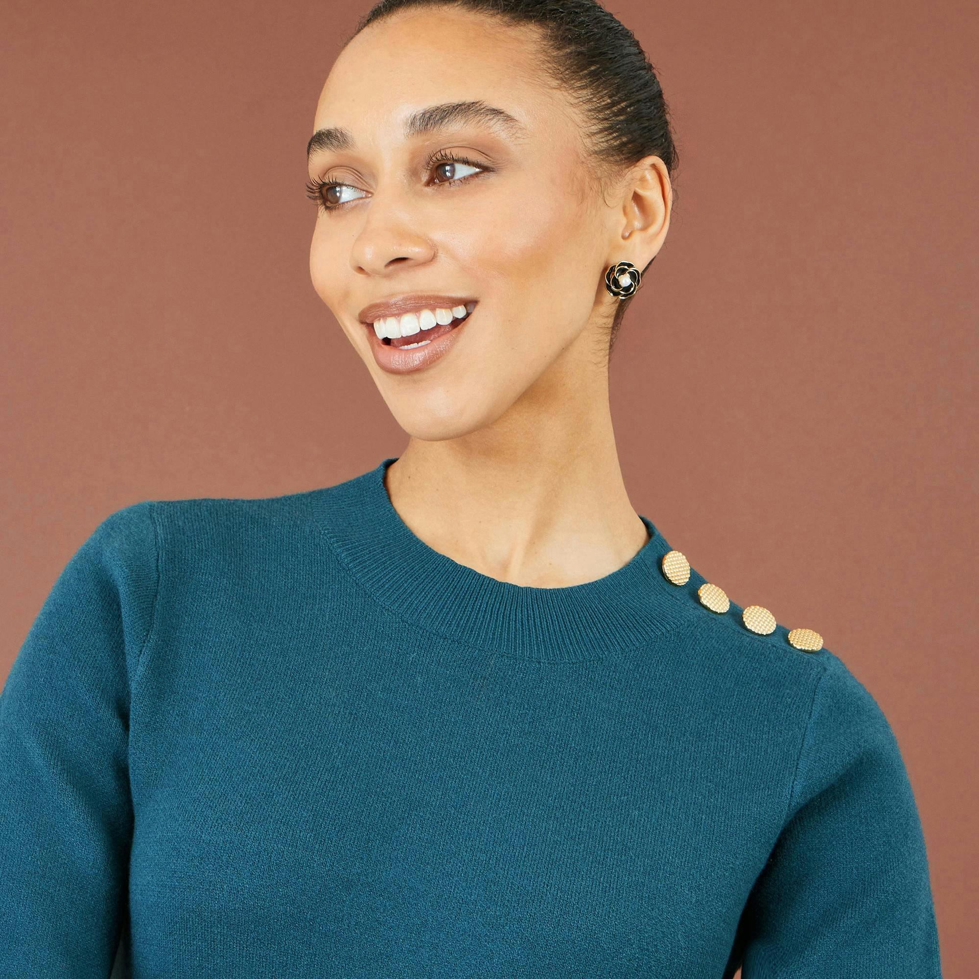 Yumi Teal Knitted Tunic Dress With Gold Hardware Details , view 4 of 5