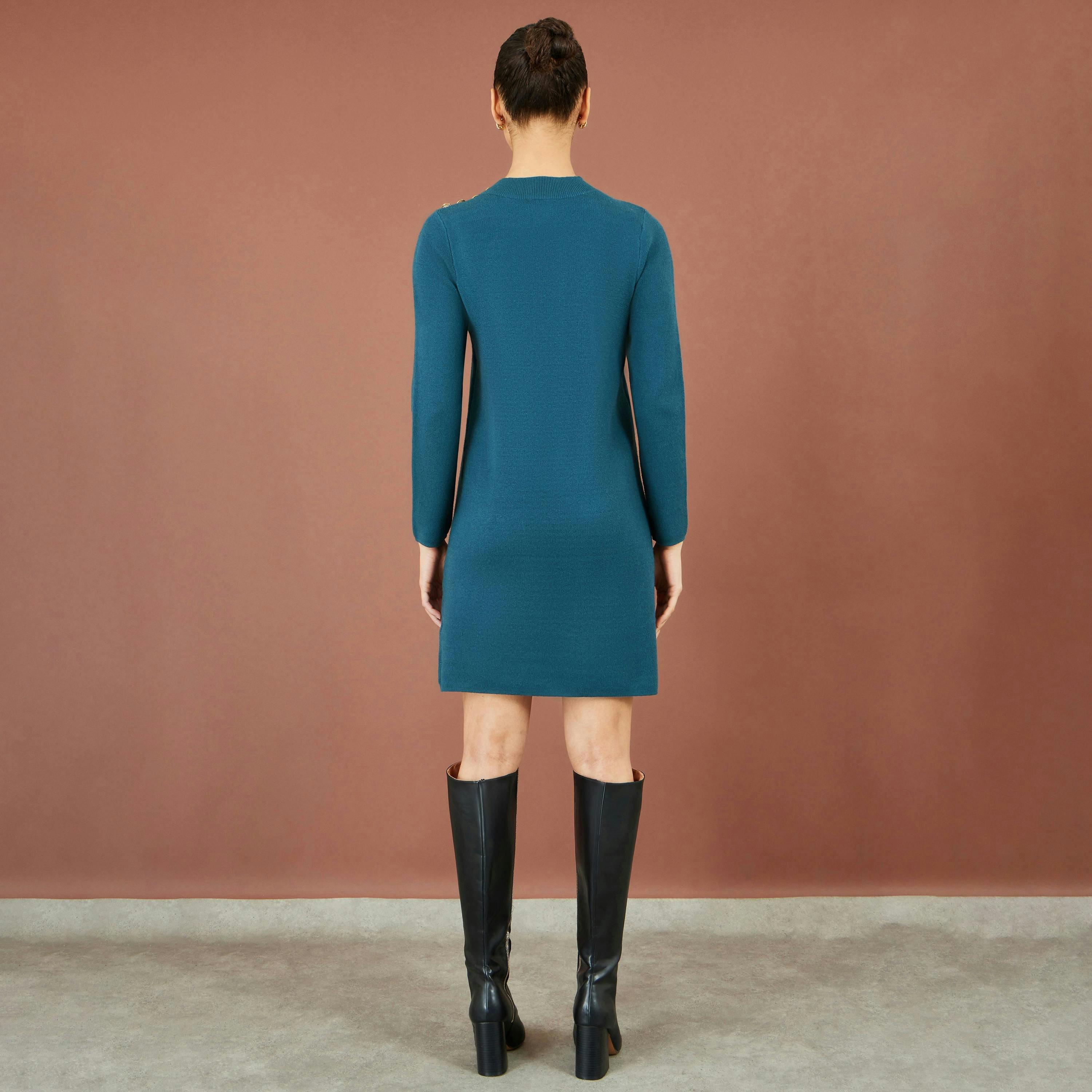 Yumi Teal Knitted Tunic Dress With Gold Hardware Details , view 5 of 5