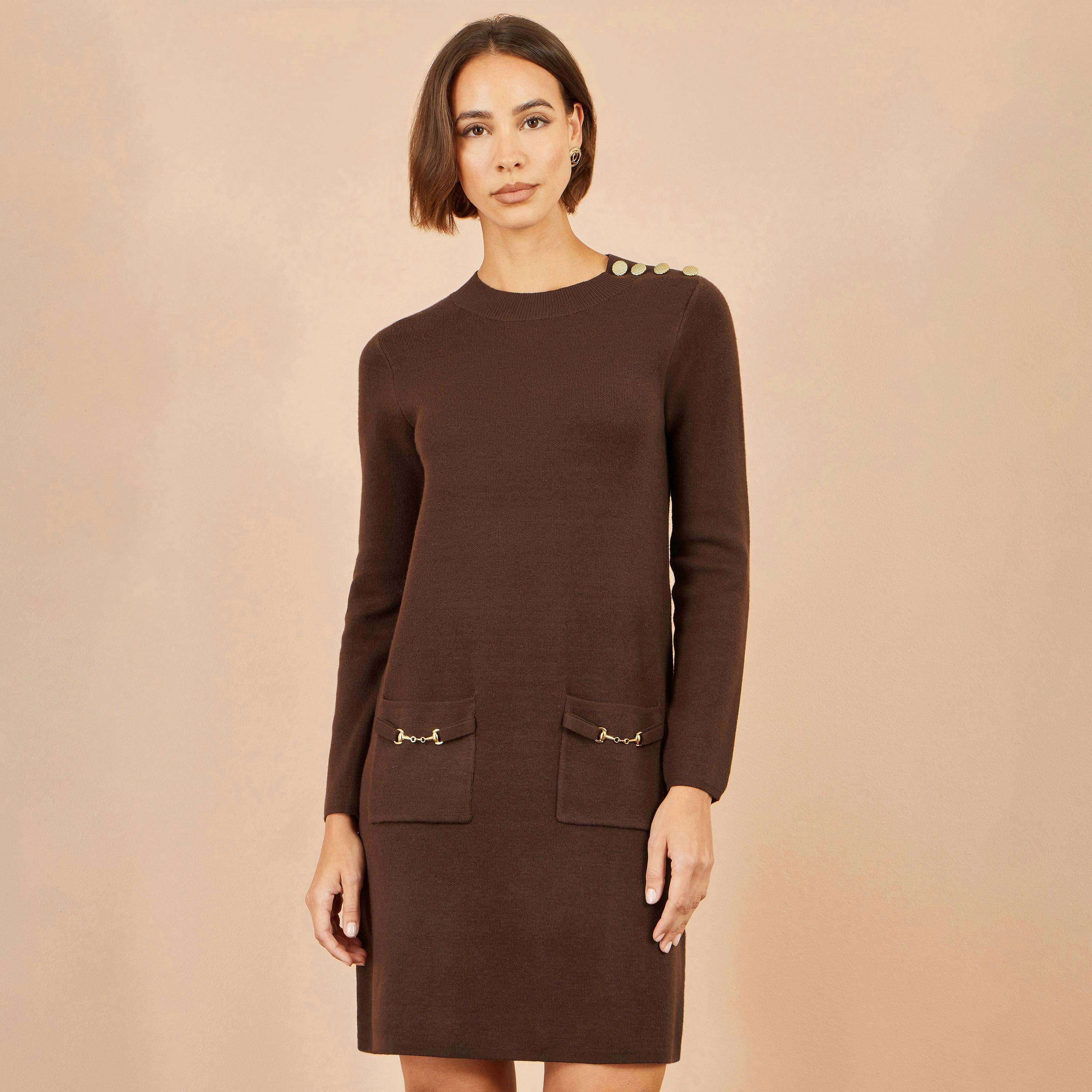 Yumi Brown Knitted Tunic Dress With Gold Hardware Details , view 2 of 4
