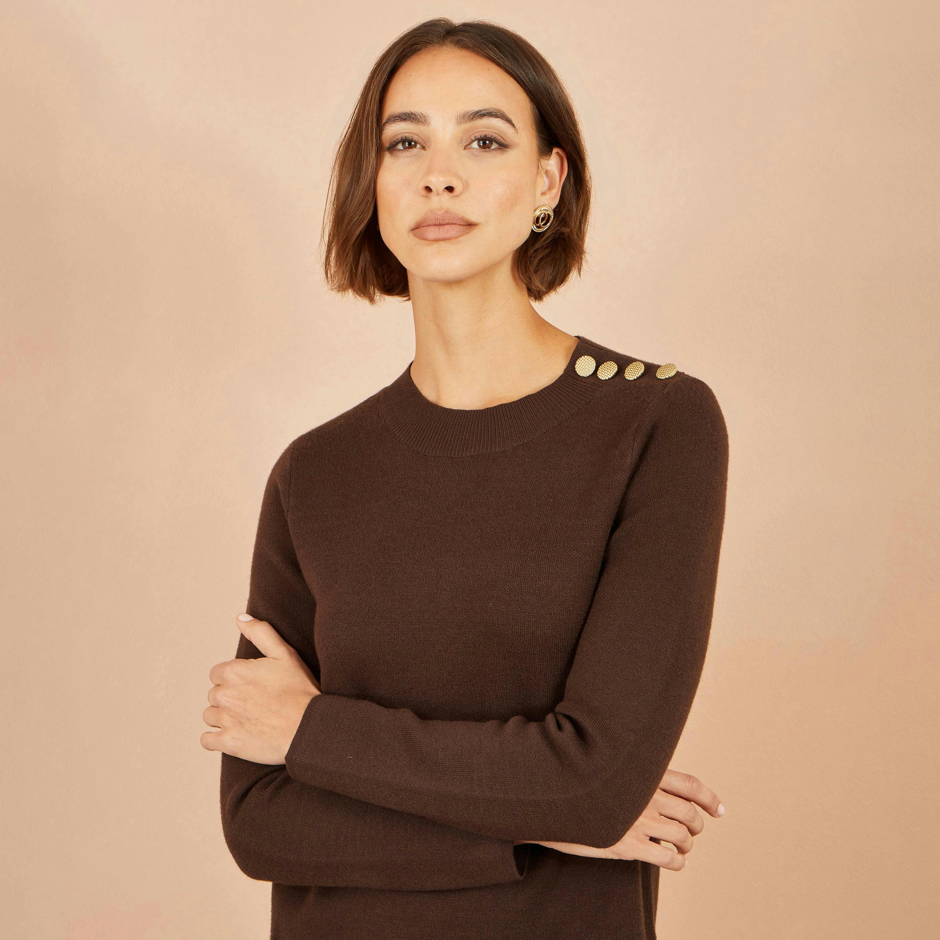Yumi Brown Knitted Tunic Dress With Gold Hardware Details , view 3 of 4