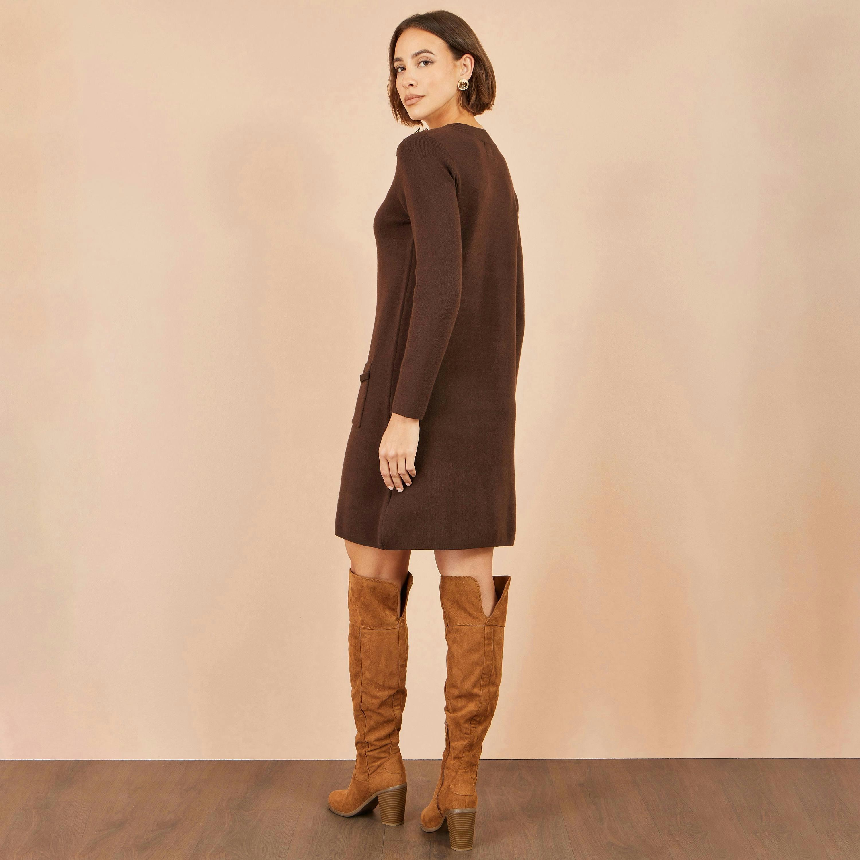 Yumi Brown Knitted Tunic Dress With Gold Hardware Details , view 4 of 4