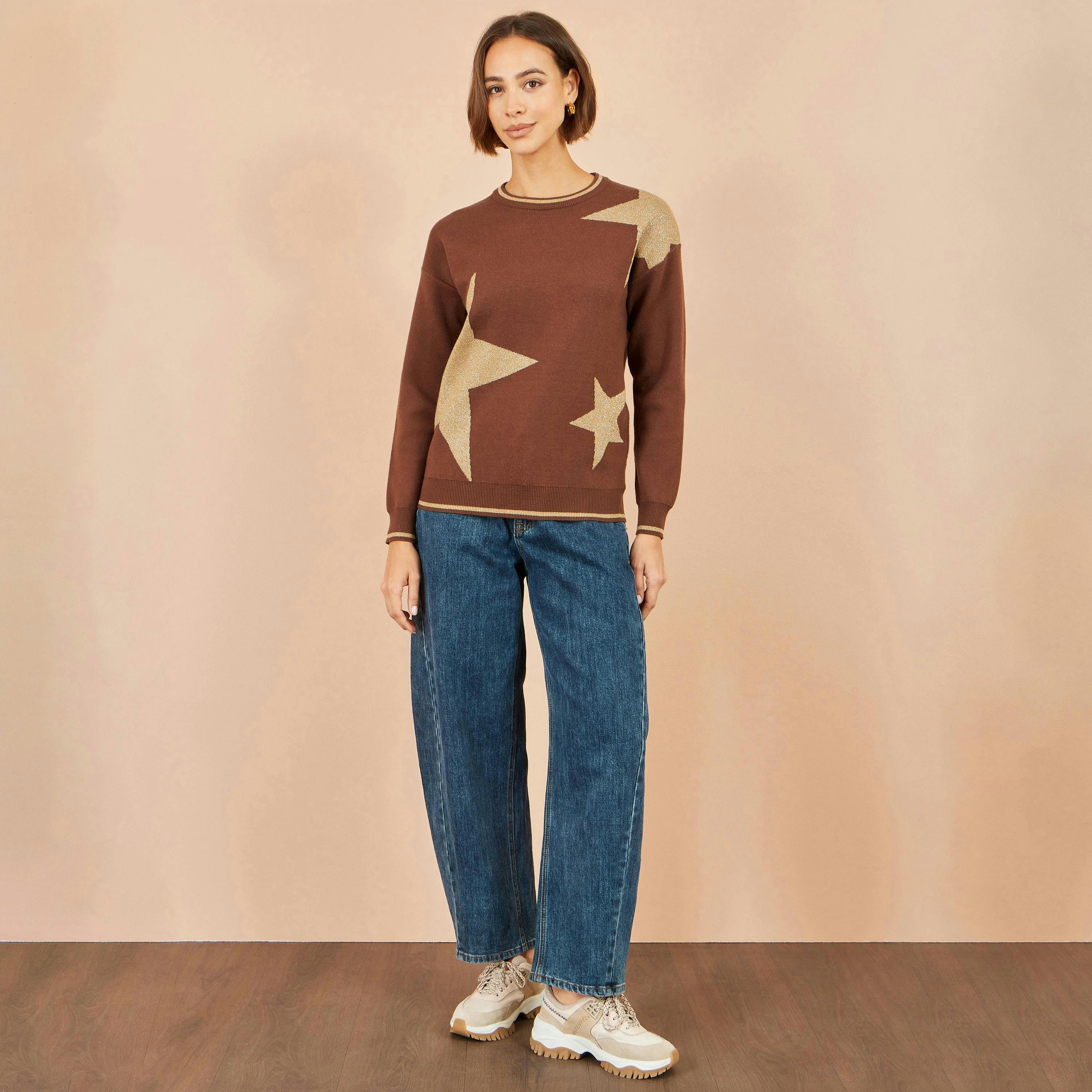 Yumi Brown Viscose Star Relaxed Jumper With Sparkle , view 5 of 5