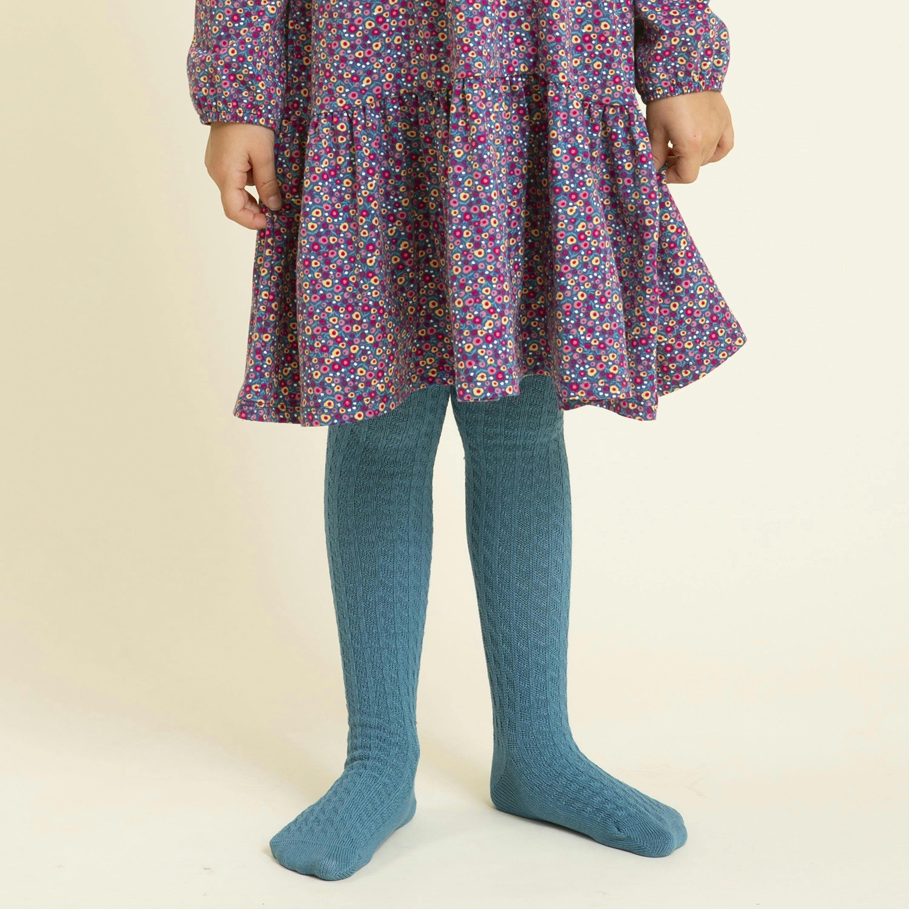 Kids Organic Cable Tights Teal Blue , view 2 of 4