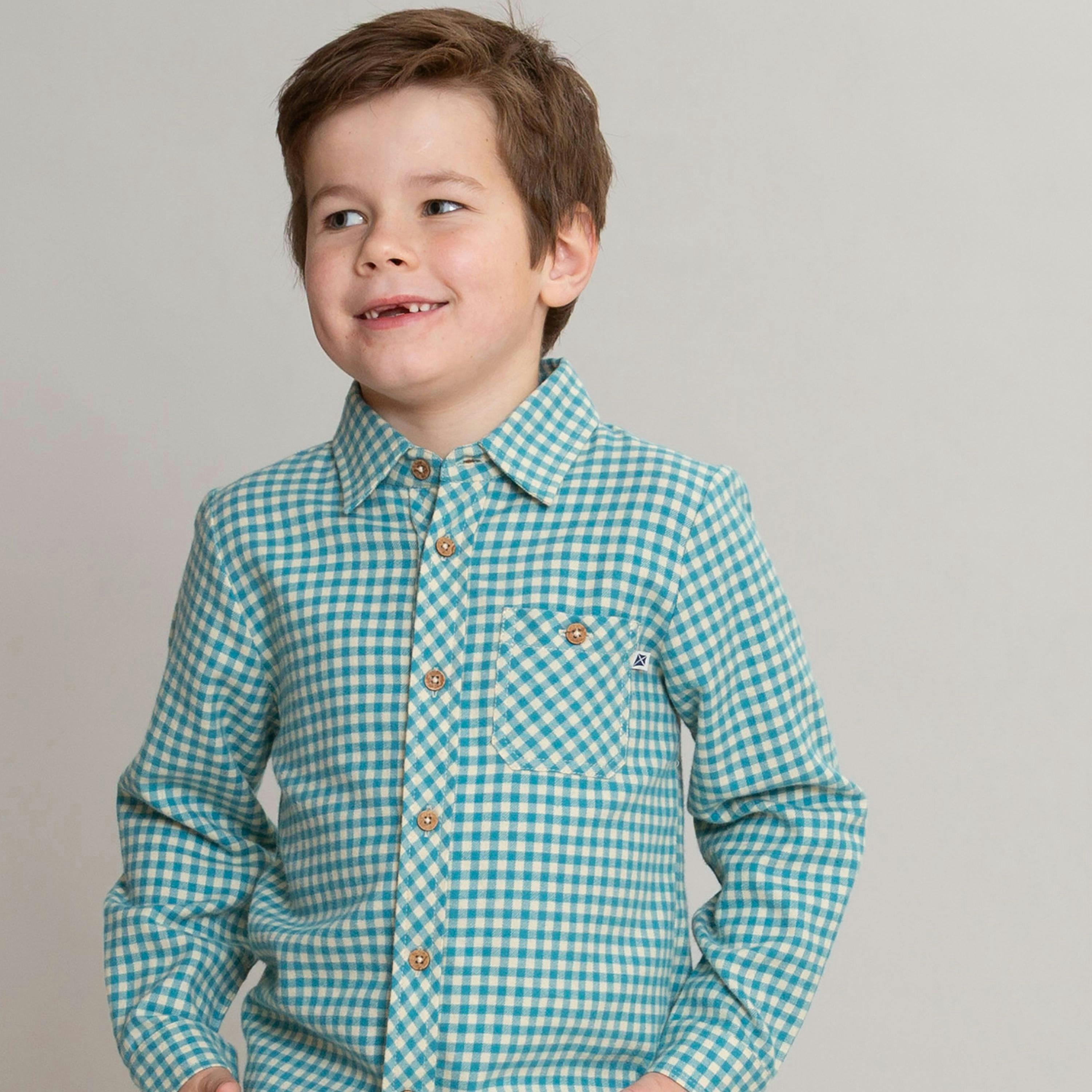 Kids Organic Ocean Check Shirt , view 4 of 5