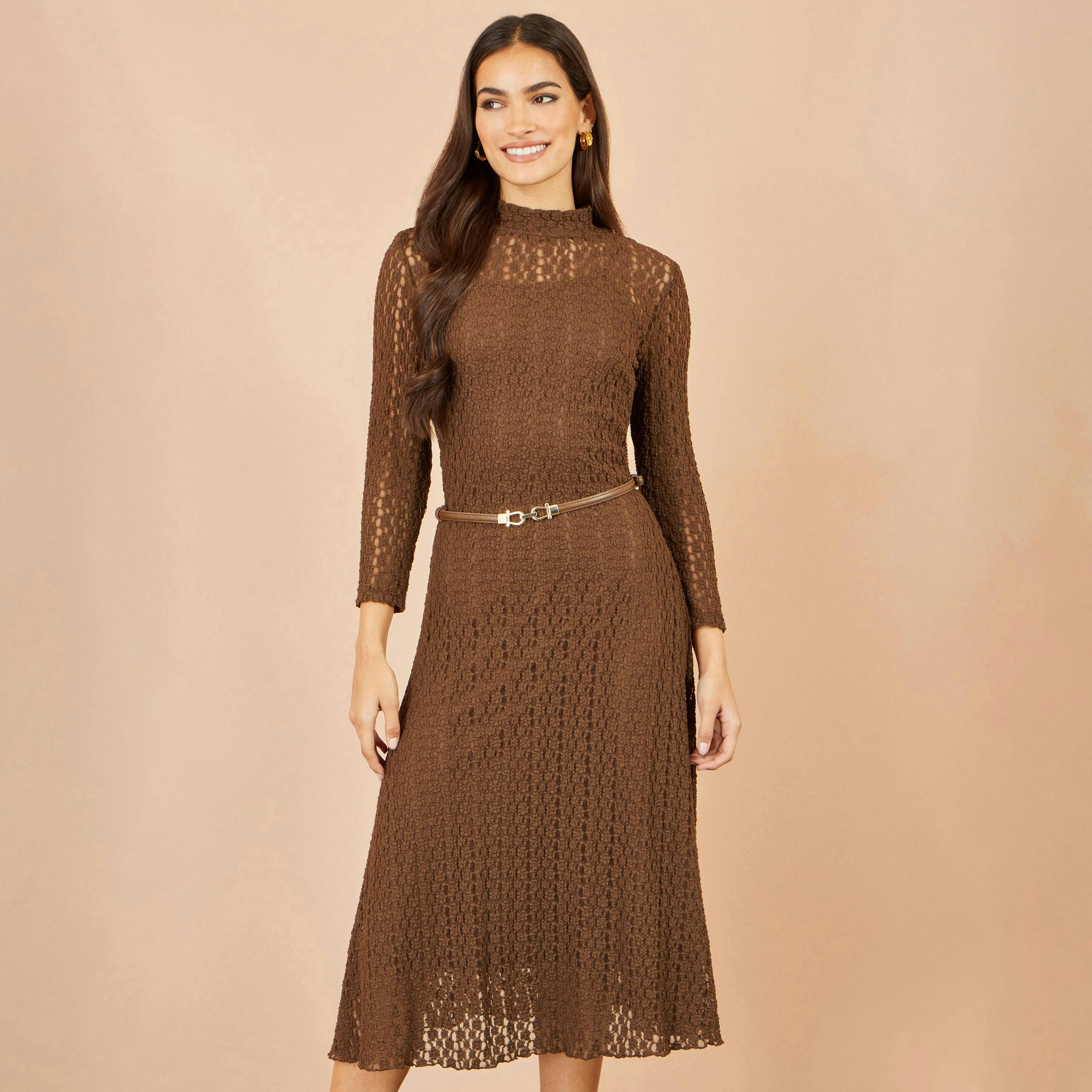 Yumi Brown High Neck Lace Midi Dress , view 2 of 5