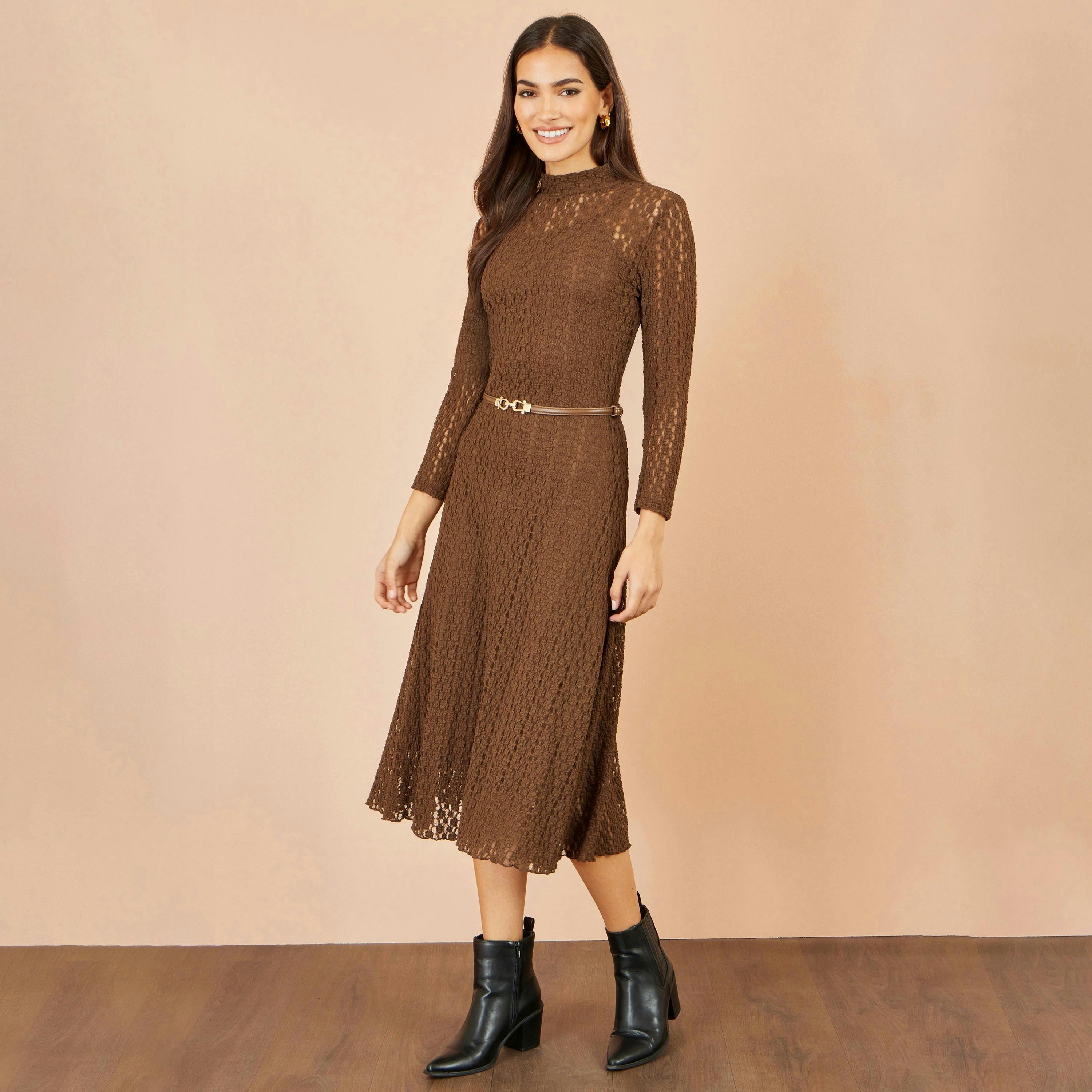 Yumi Brown High Neck Lace Midi Dress , view 3 of 5
