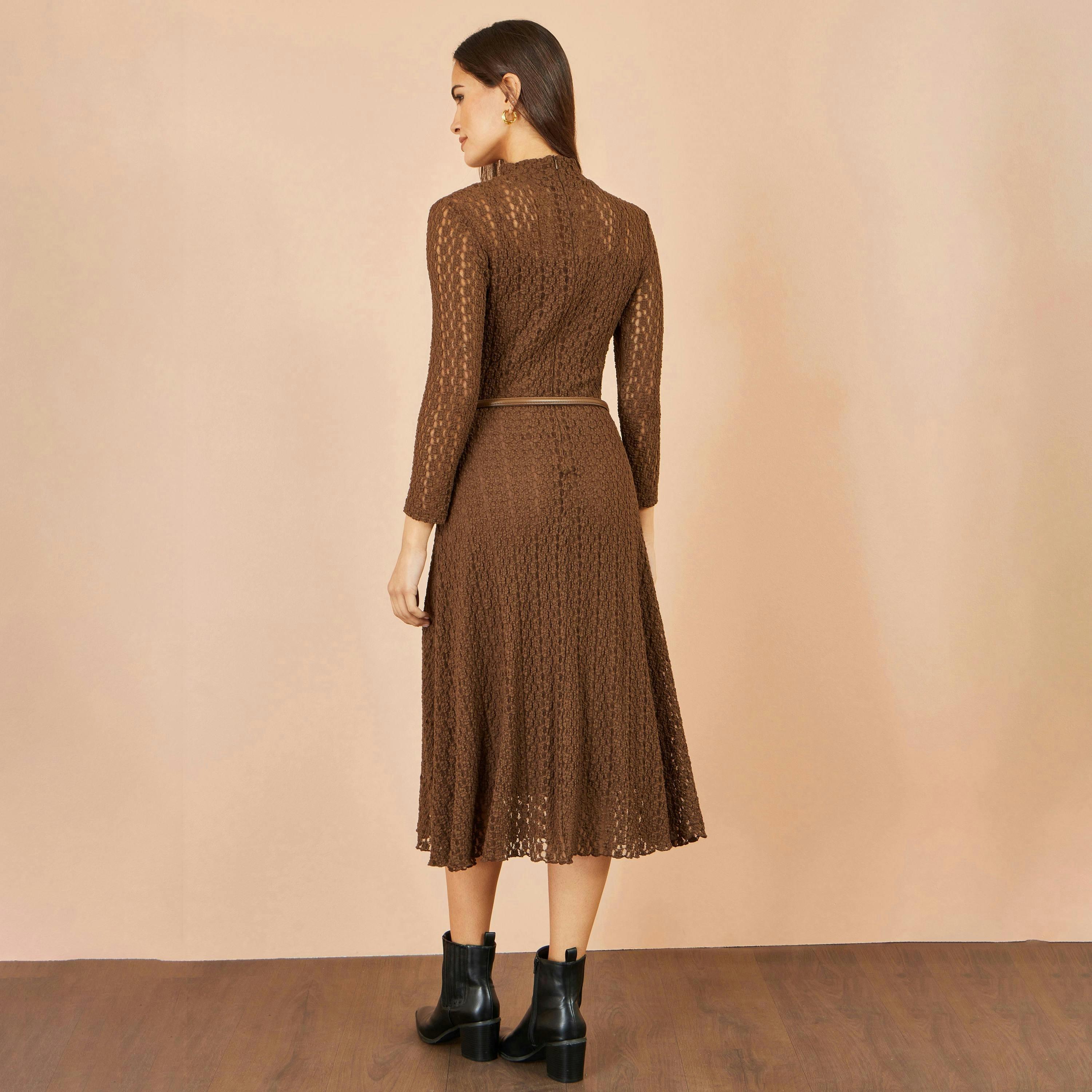 Yumi Brown High Neck Lace Midi Dress , view 4 of 5
