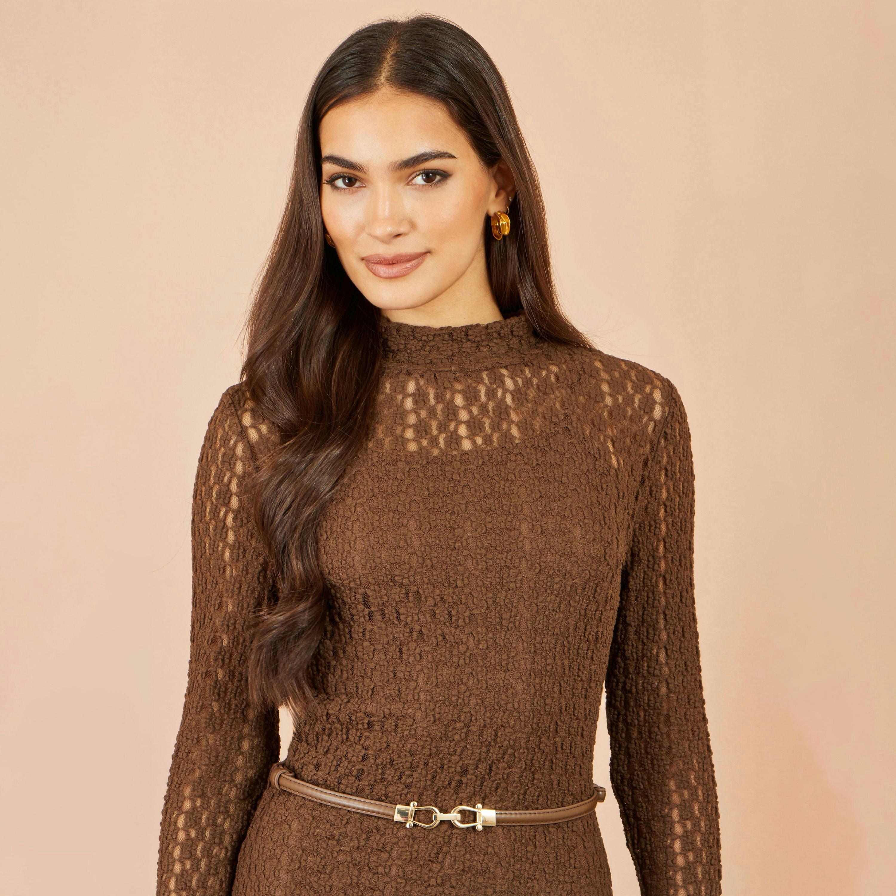 Yumi Brown High Neck Lace Midi Dress , view 5 of 5