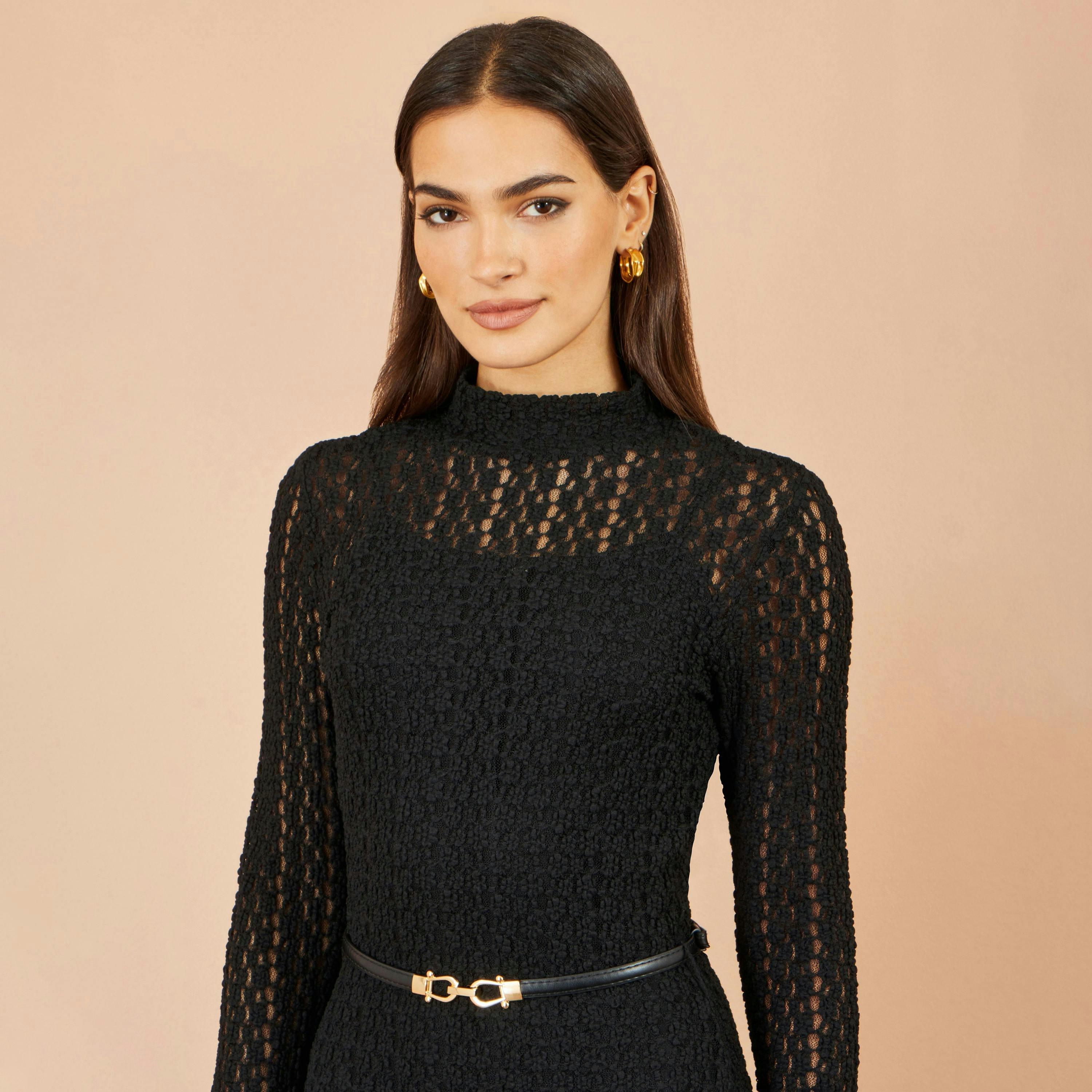 Yumi Black High Neck Lace Midi Dress , view 5 of 5