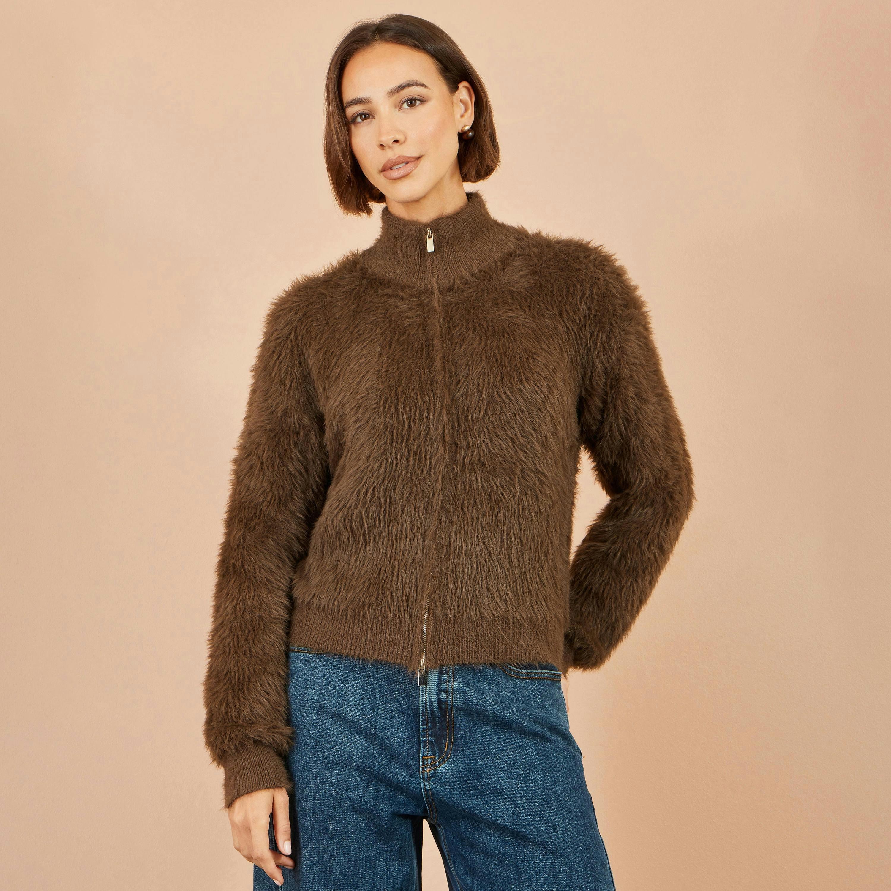 Yumi Brown Eyelash Zip Knitted Jacket , view 2 of 5