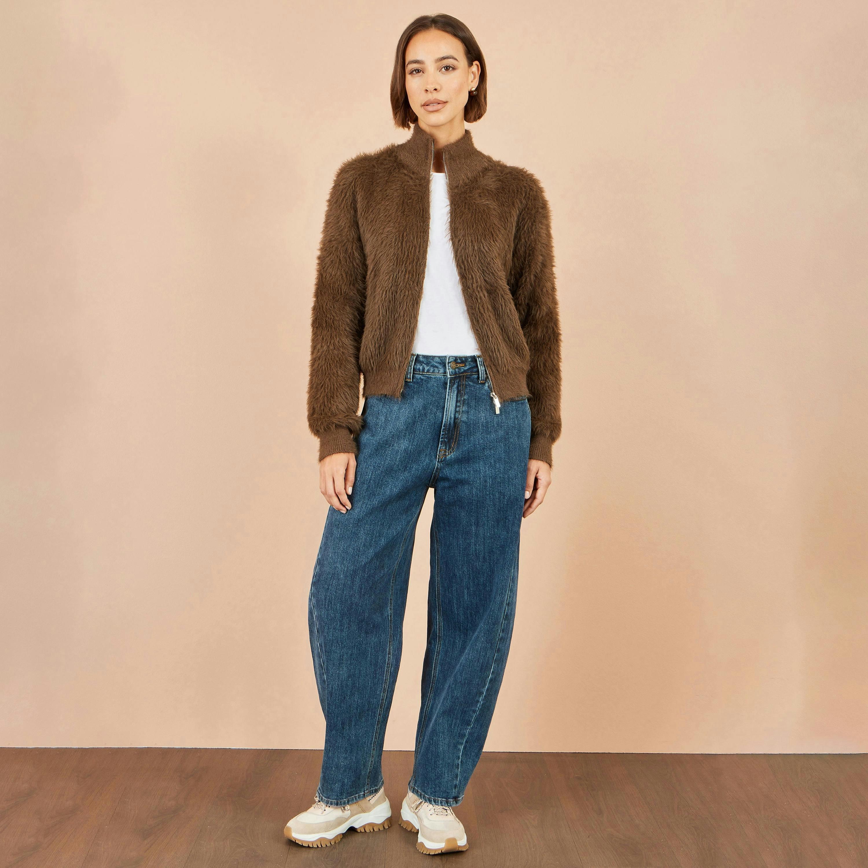 Yumi Brown Eyelash Zip Knitted Jacket , view 3 of 5