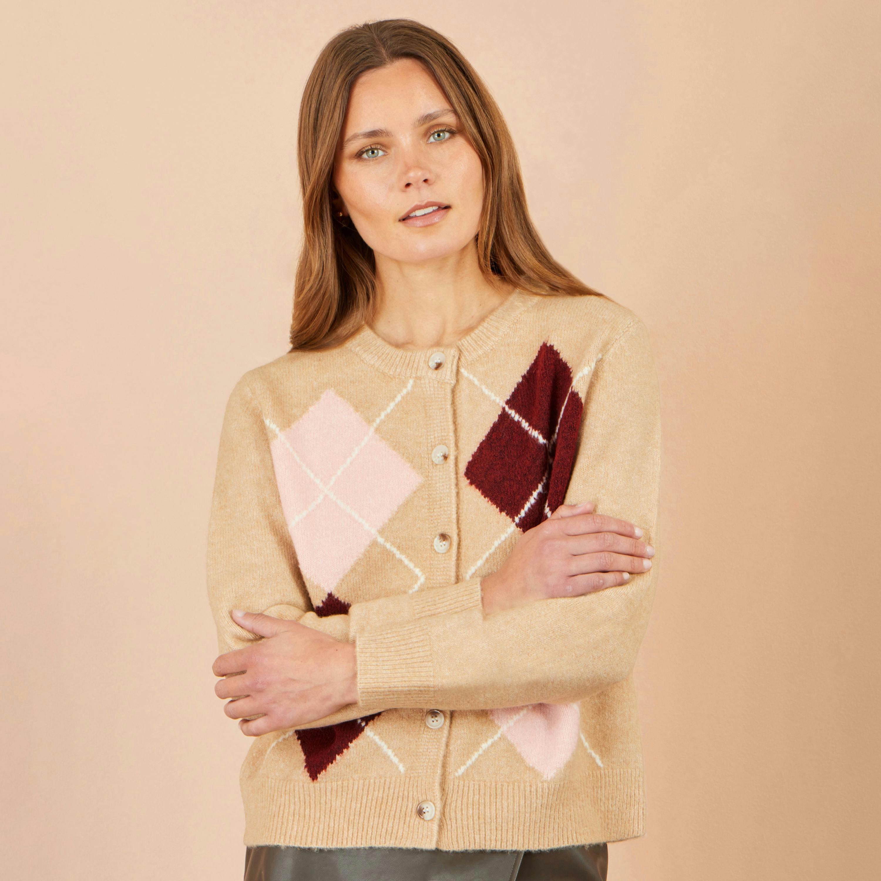 Yumi Beige Argyll Knitted Cardigan , view 4 of 4