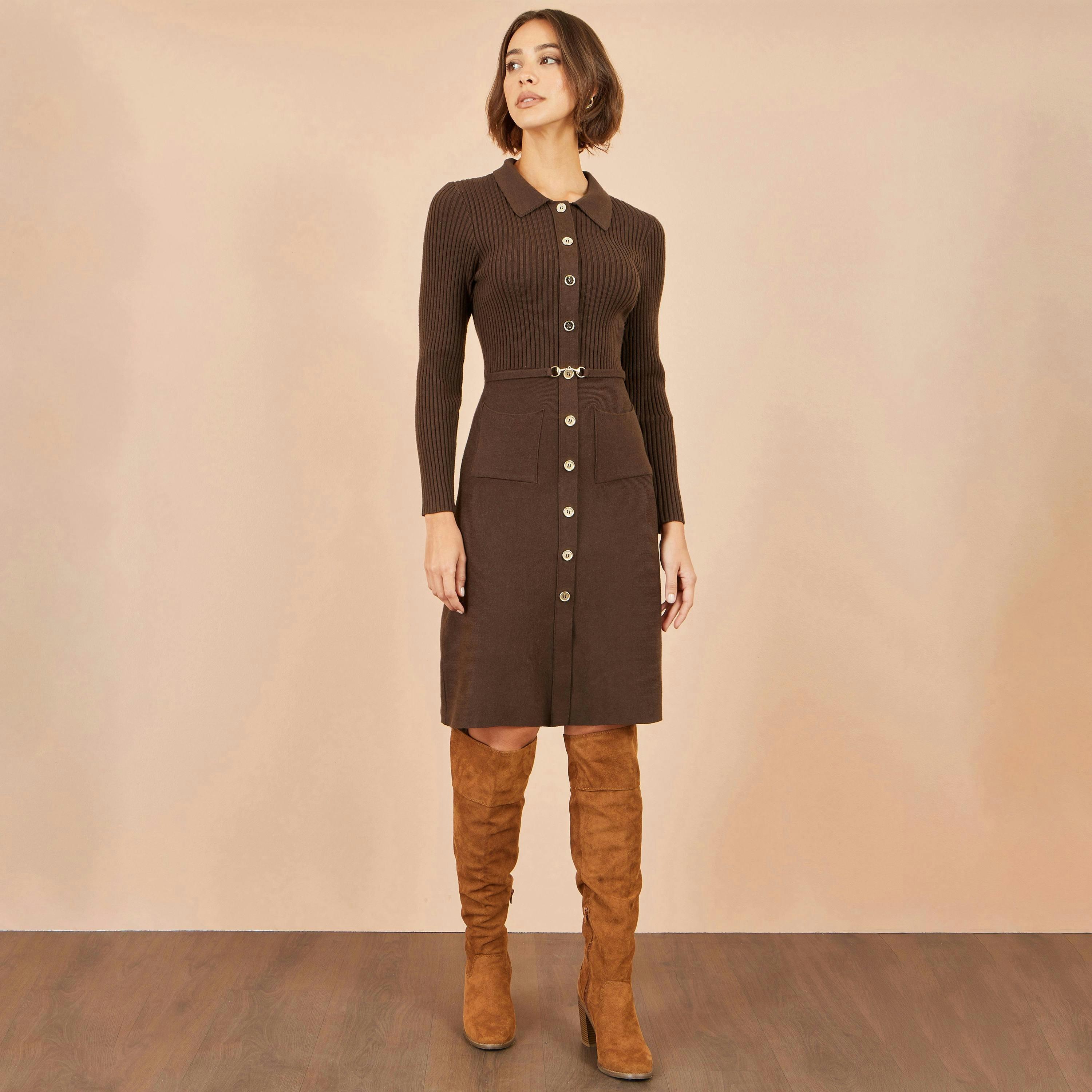 Yumi Brown Rib Knit Midi Shirt Dress With Snaffle Belt , view 2 of 5