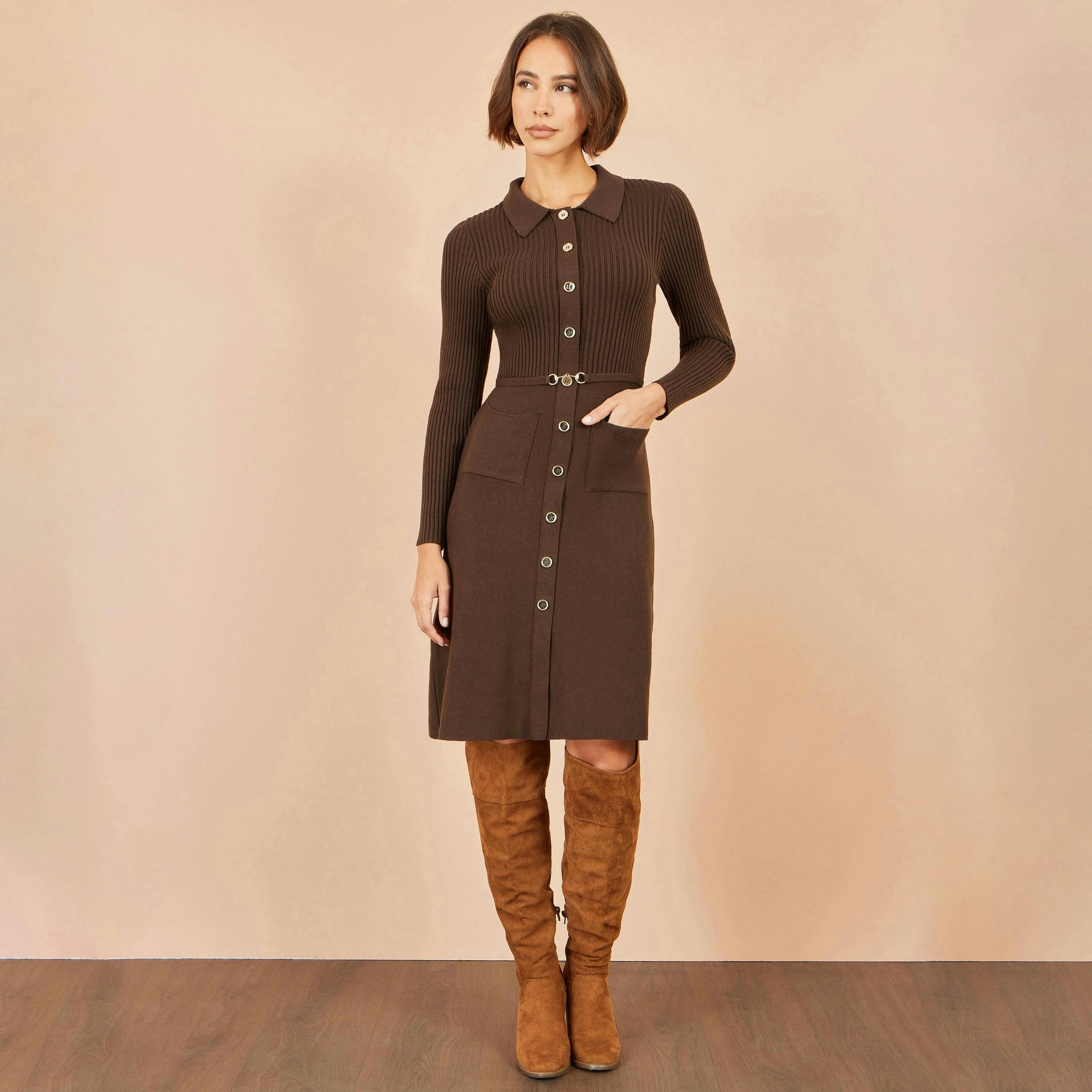 Yumi Brown Rib Knit Midi Shirt Dress With Snaffle Belt , view 3 of 5