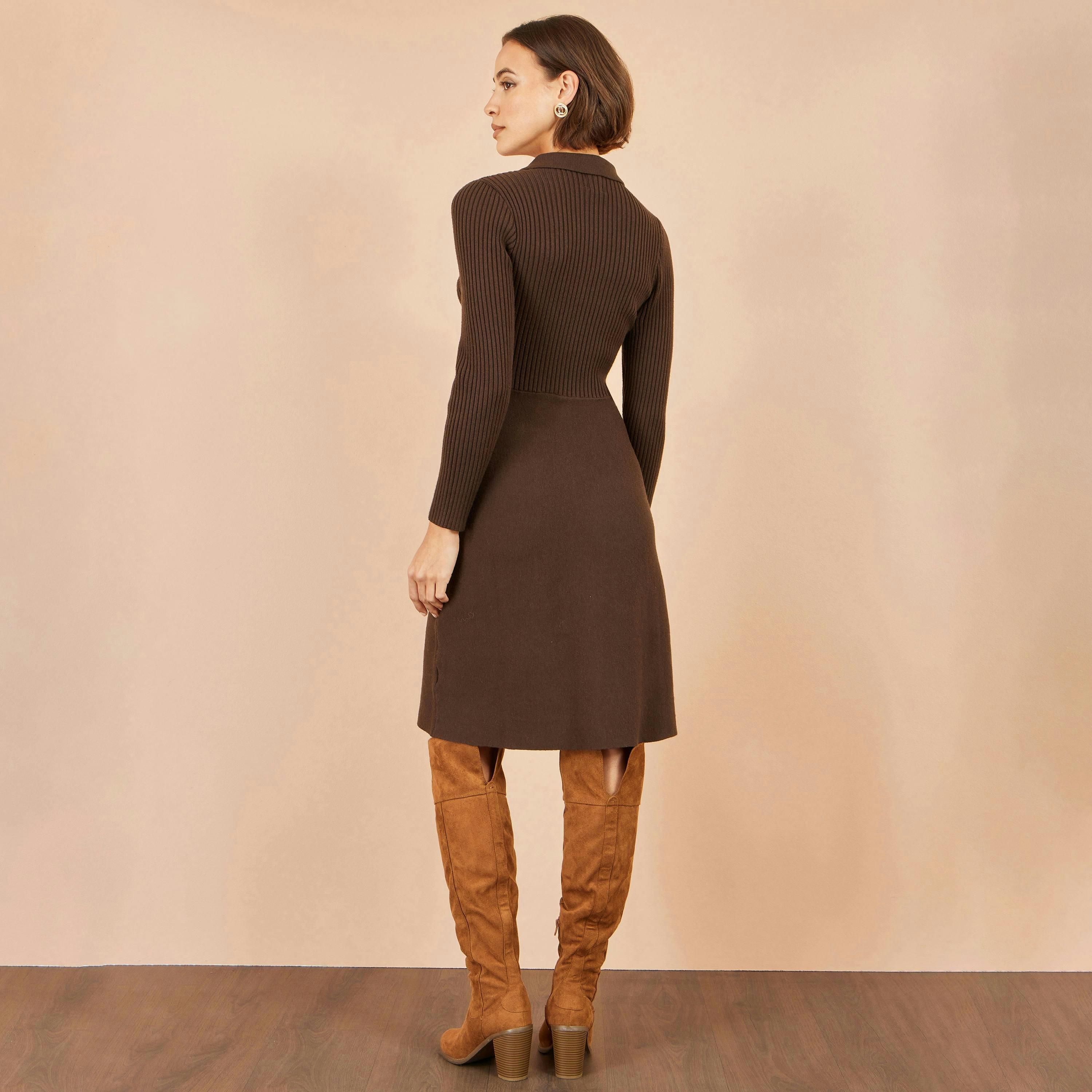 Yumi Brown Rib Knit Midi Shirt Dress With Snaffle Belt , view 4 of 5