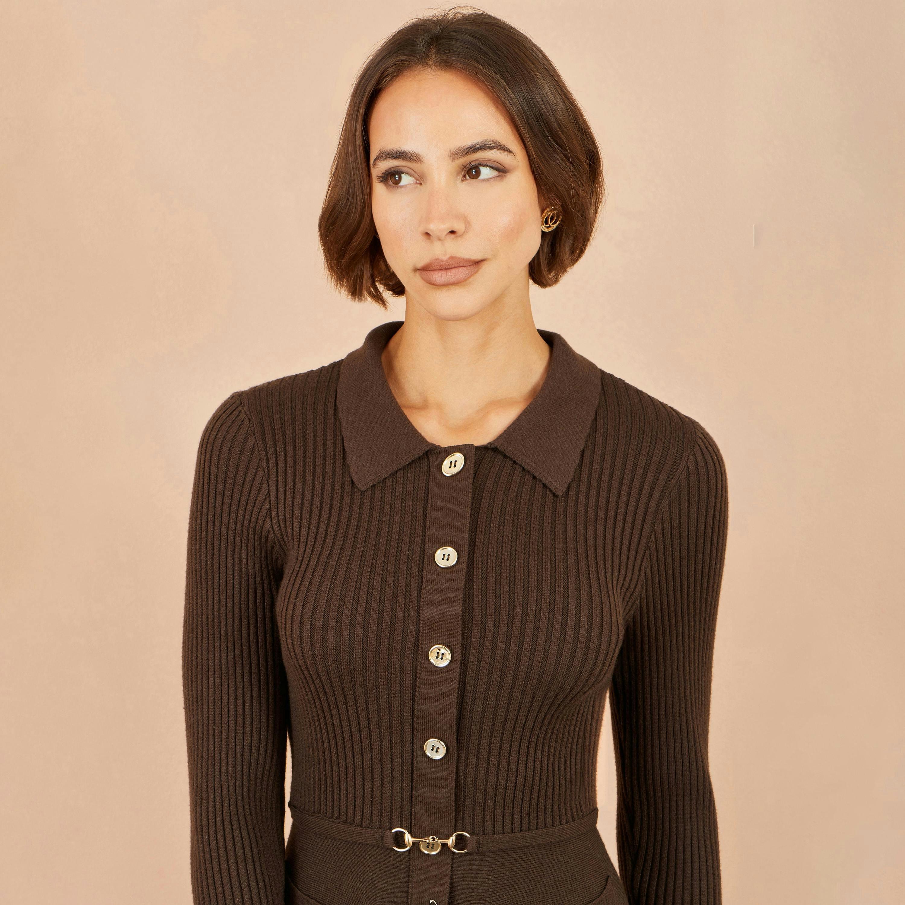 Yumi Brown Rib Knit Midi Shirt Dress With Snaffle Belt , view 5 of 5