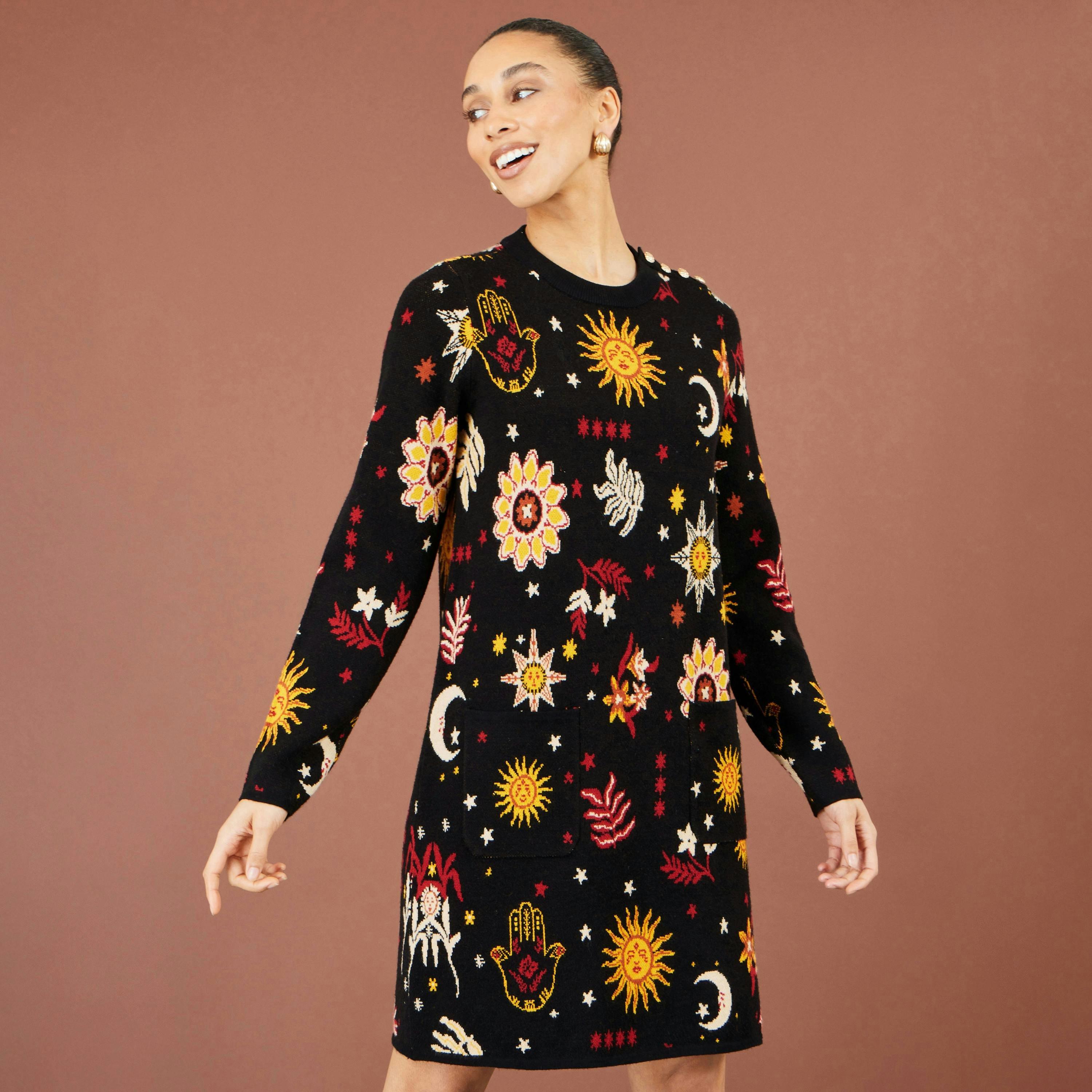 Yumi Black Cosmic Intarsia Knitted Tunic Dress , view 2 of 6