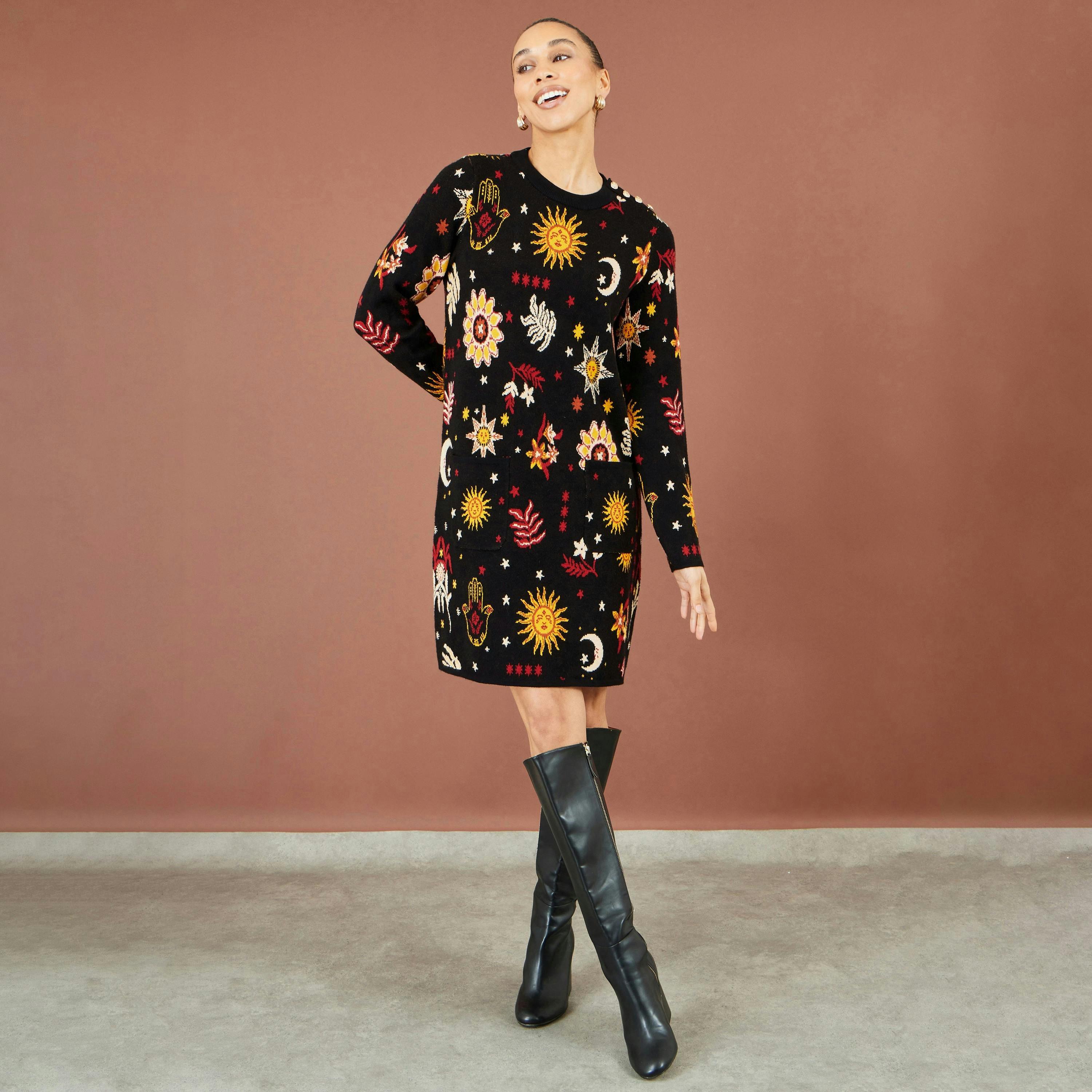 Yumi Black Cosmic Intarsia Knitted Tunic Dress , view 3 of 6